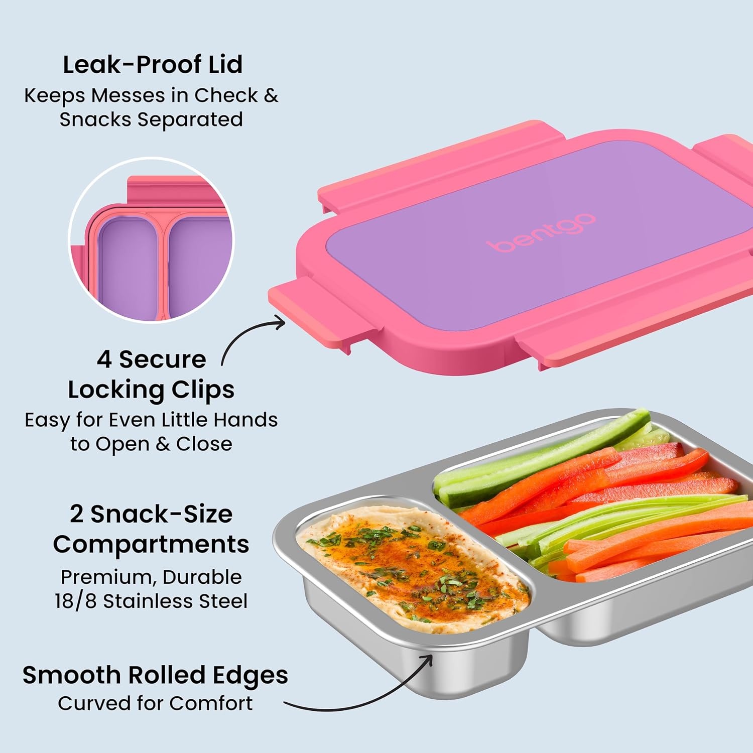 image:imageBentgo Stainless Steel Snack Box LeakProof 2 Compartments 2Cup Capacity Ideal for Kids 3 Teens amp Adults Durable Reusable LilacLilac
