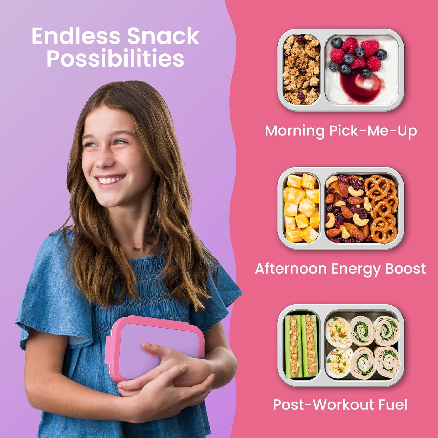 image:imageBentgo Stainless Steel Snack Box LeakProof 2 Compartments 2Cup Capacity Ideal for Kids 3 Teens amp Adults Durable Reusable LilacLilac