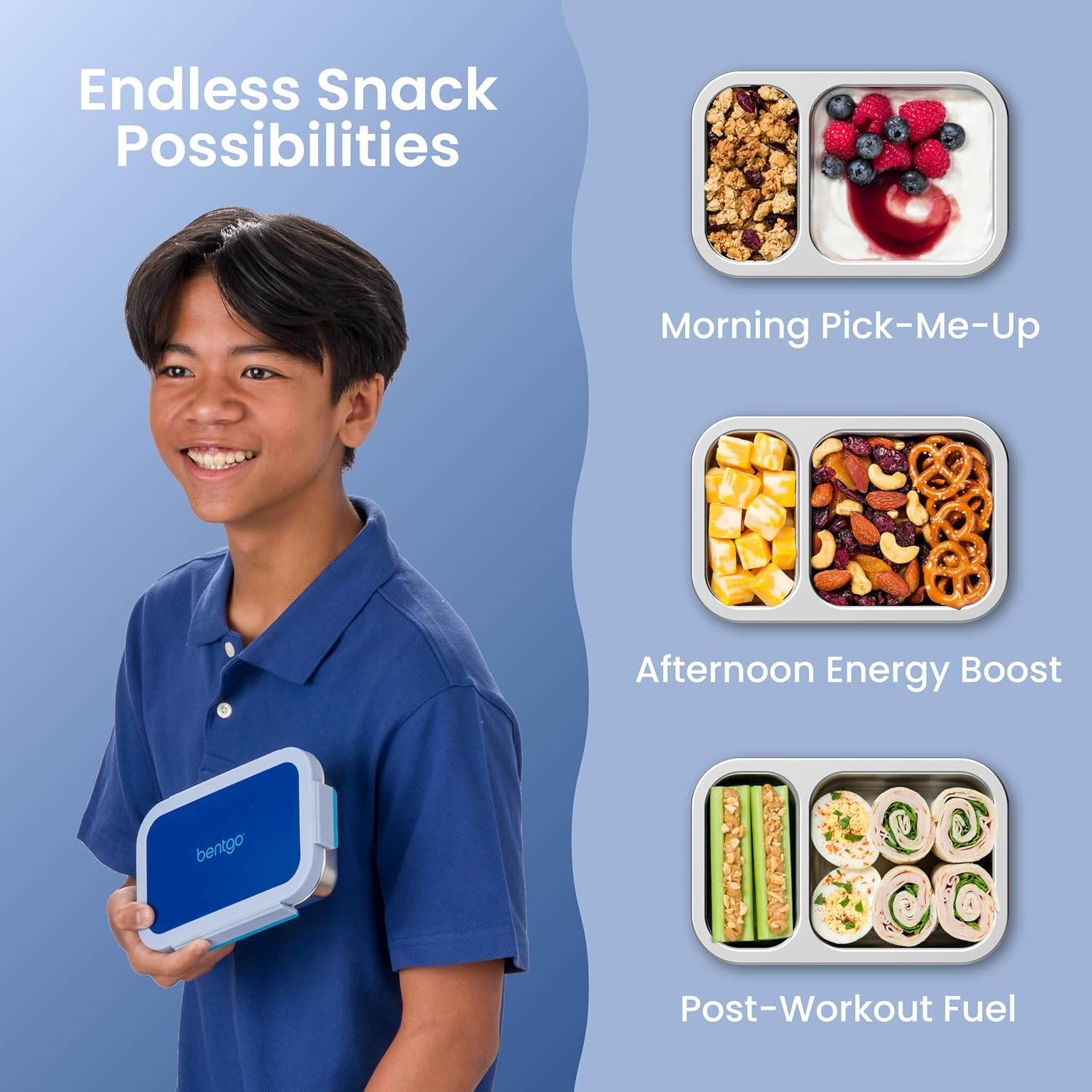 image:imageBentgo Stainless Steel Snack Box LeakProof 2 Compartments 2Cup Capacity Ideal for Kids 3 Teens amp Adults Durable Reusable LilacNavy