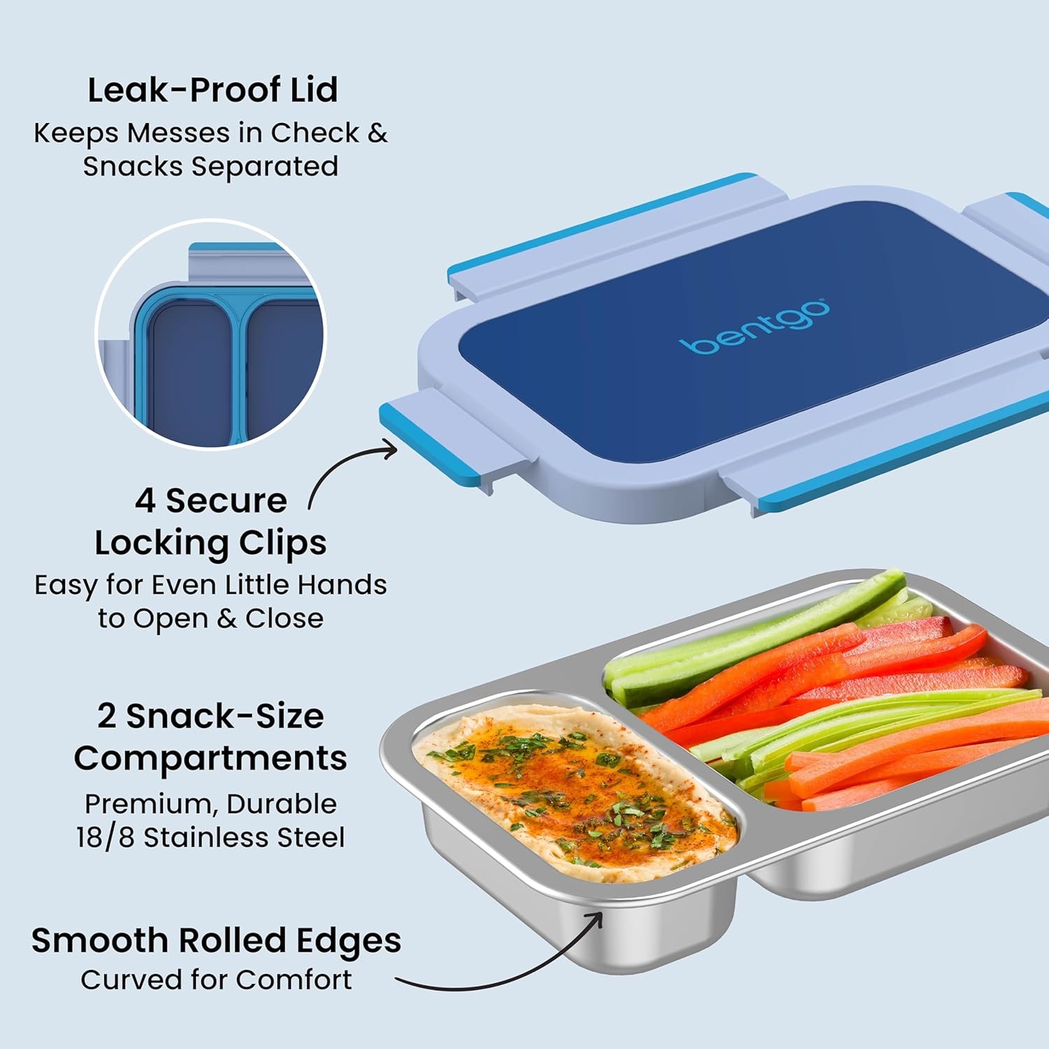 image:imageBentgo Stainless Steel Snack Box LeakProof 2 Compartments 2Cup Capacity Ideal for Kids 3 Teens amp Adults Durable Reusable LilacNavy