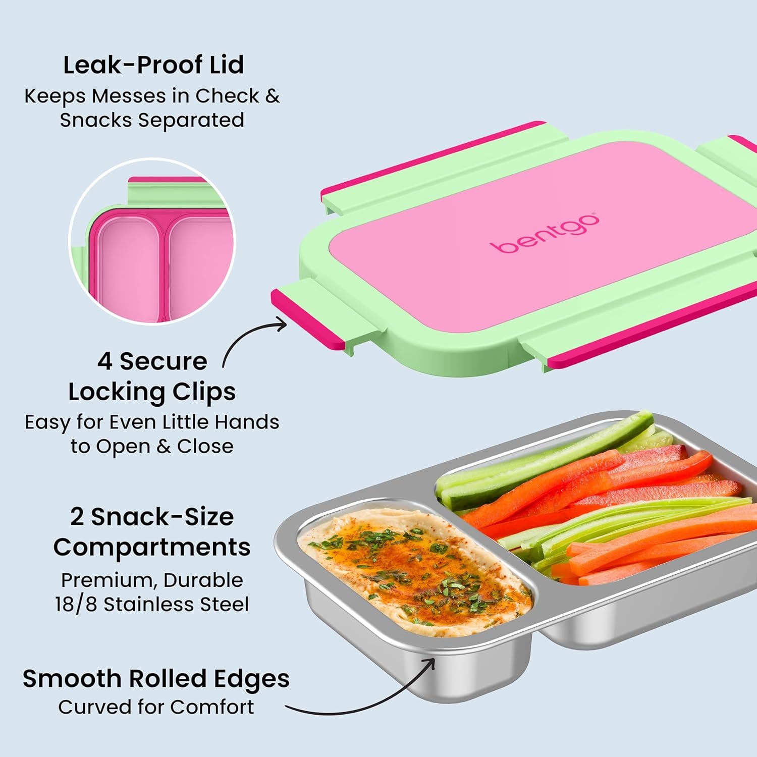 image:imageBentgo Stainless Steel Snack Box LeakProof 2 Compartments 2Cup Capacity Ideal for Kids 3 Teens amp Adults Durable Reusable LilacStrawberry