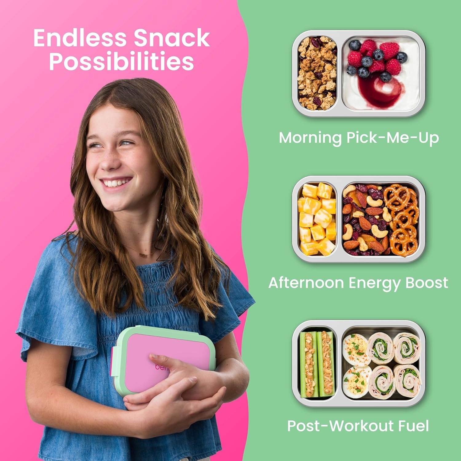 image:imageBentgo Stainless Steel Snack Box LeakProof 2 Compartments 2Cup Capacity Ideal for Kids 3 Teens amp Adults Durable Reusable LilacStrawberry