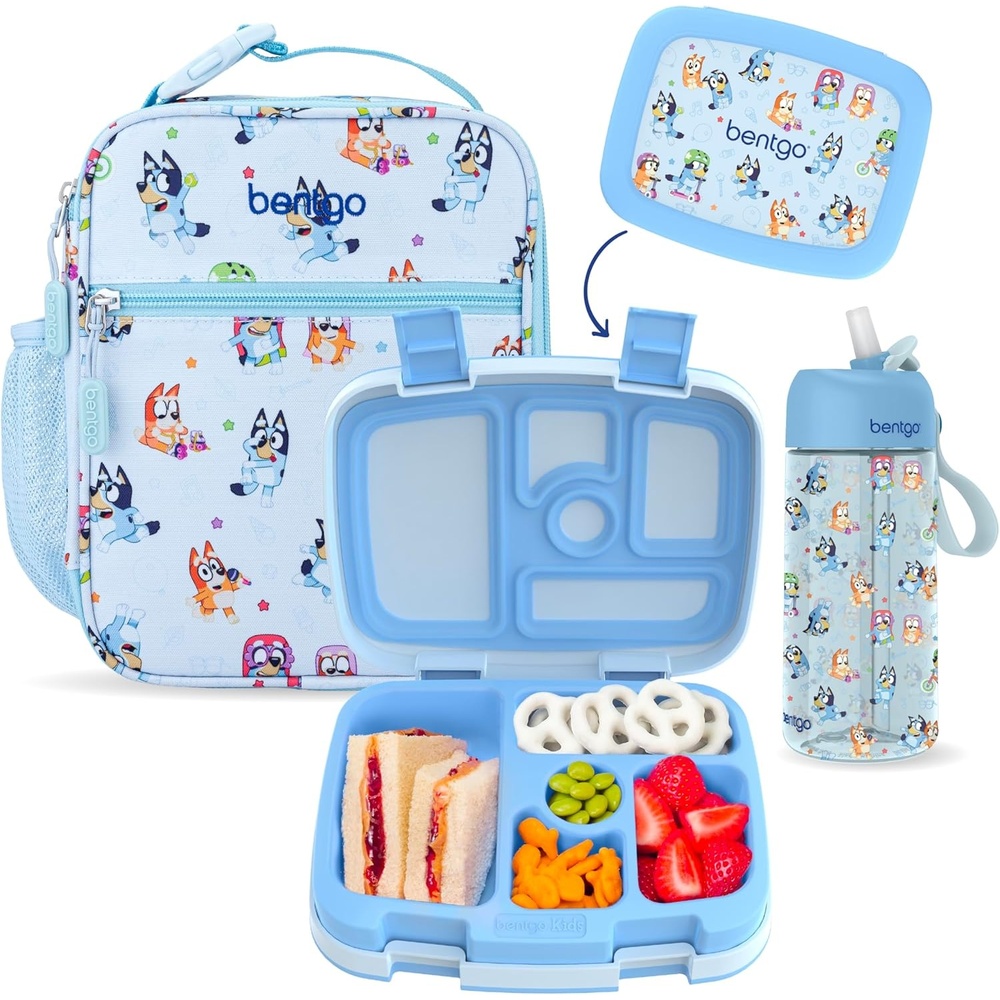 image:imageBentgo BLUEY 3Piece Lunchtime Trio Set LeakProof Kids Prints 5Compartment Bento Lunch Box Insulated Lightweight Tote Bag amp Durable Bite amp Sip Water Bottle Bundle for Age 3 Hearts amp CraftsPlay Day