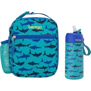 Bentgo Prints Insulated Lunch Tote Set With Kids Stainless Steel Water Bottle (Sharks)