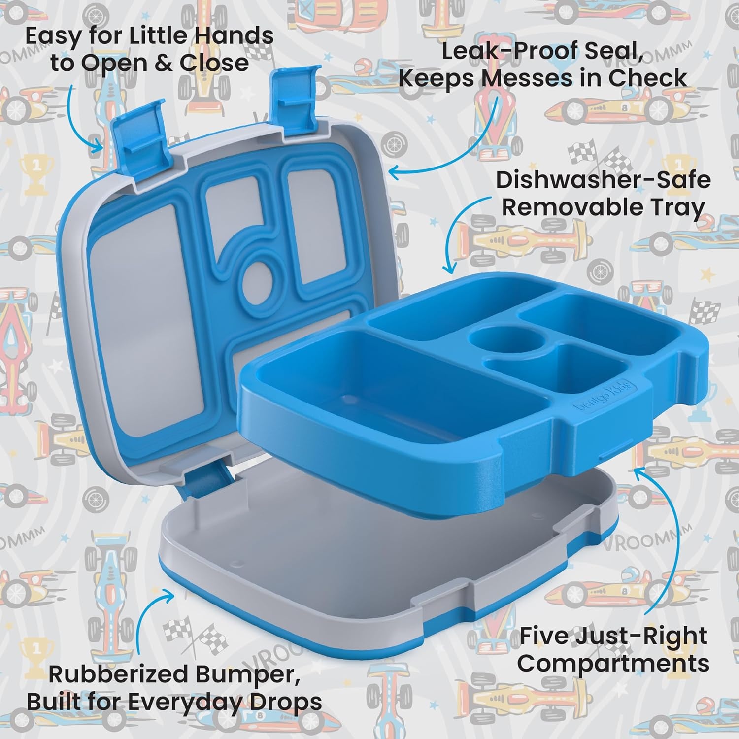 image:imageBentgo Kids Prints LeakProof 5Compartment BentoStyle Kids Lunch Box Ideal Portion Sizes for Ages 37 Durable DropProof Dishwasher Safe PFAS amp BPAFree Materials NEW Blooming FloralRace Cars