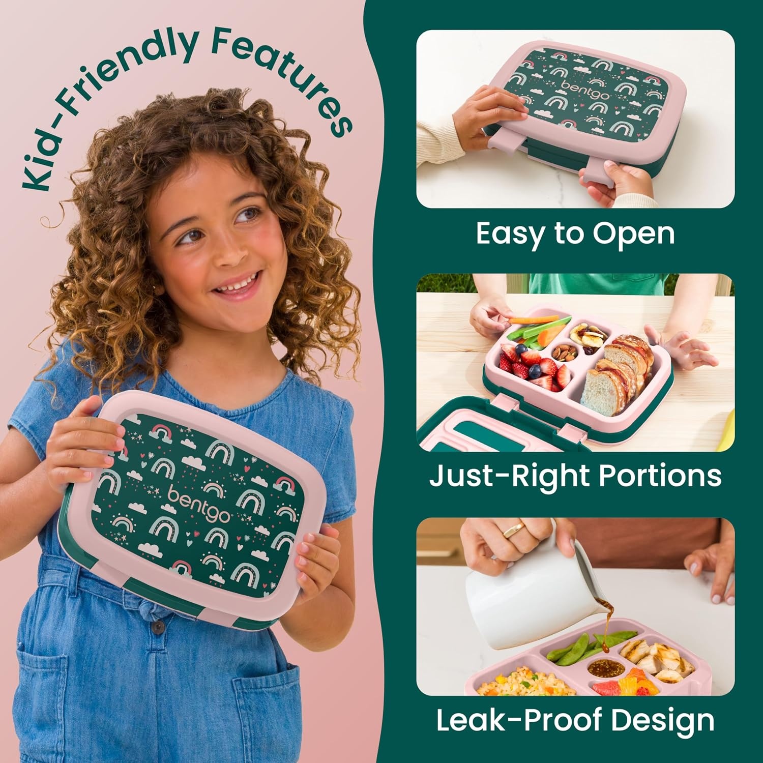 image:imageBentgo Kids Prints LeakProof 5Compartment BentoStyle Kids Lunch Box Ideal Portion Sizes for Ages 37 Durable DropProof Dishwasher Safe PFAS amp BPAFree Materials NEW Blooming FloralGreen Rainbow