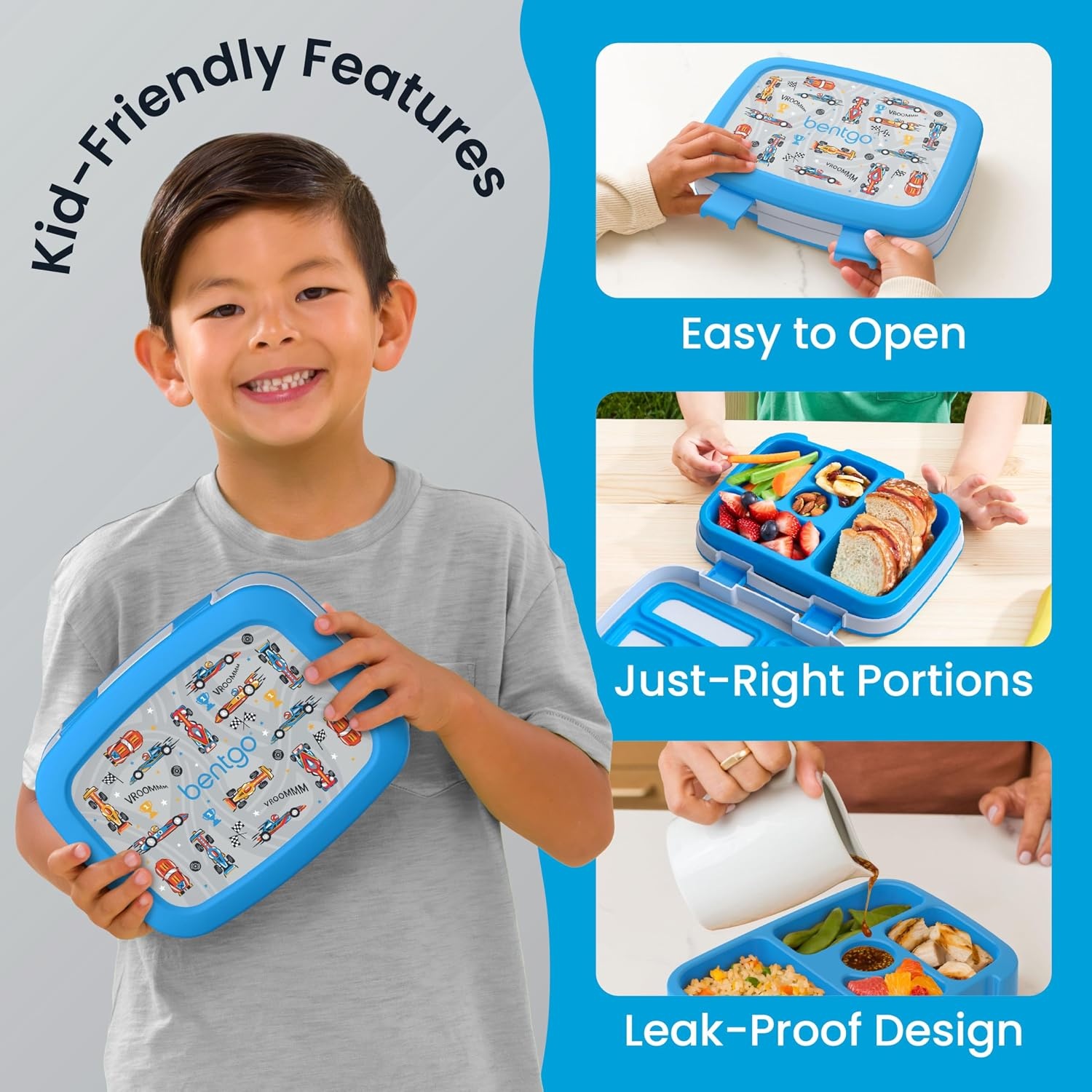 image:imageBentgo Kids Prints LeakProof 5Compartment BentoStyle Kids Lunch Box Ideal Portion Sizes for Ages 37 Durable DropProof Dishwasher Safe PFAS amp BPAFree Materials NEW Blooming FloralRace Cars