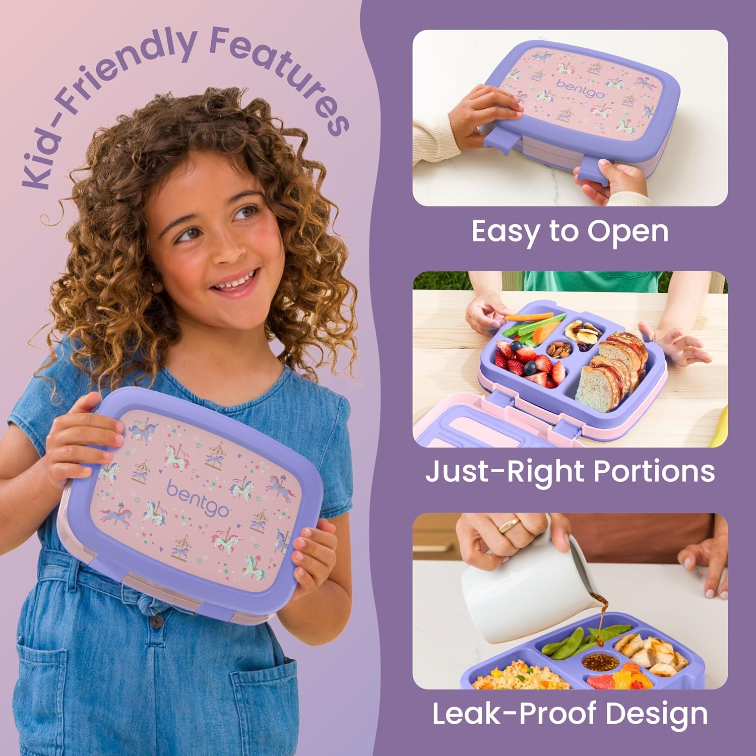image:imageBentgo Kids Prints LeakProof 5Compartment BentoStyle Kids Lunch Box Ideal Portion Sizes for Ages 37 Durable DropProof Dishwasher Safe PFAS amp BPAFree Materials NEW Blooming FloralCarousel Unicorns