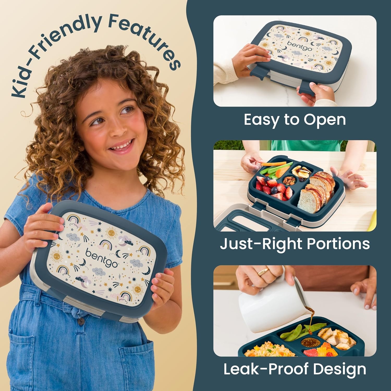 image:imageBentgo Kids Prints LeakProof 5Compartment BentoStyle Kids Lunch Box Ideal Portion Sizes for Ages 37 Durable DropProof Dishwasher Safe PFAS amp BPAFree Materials NEW Blooming FloralFriendly Skies