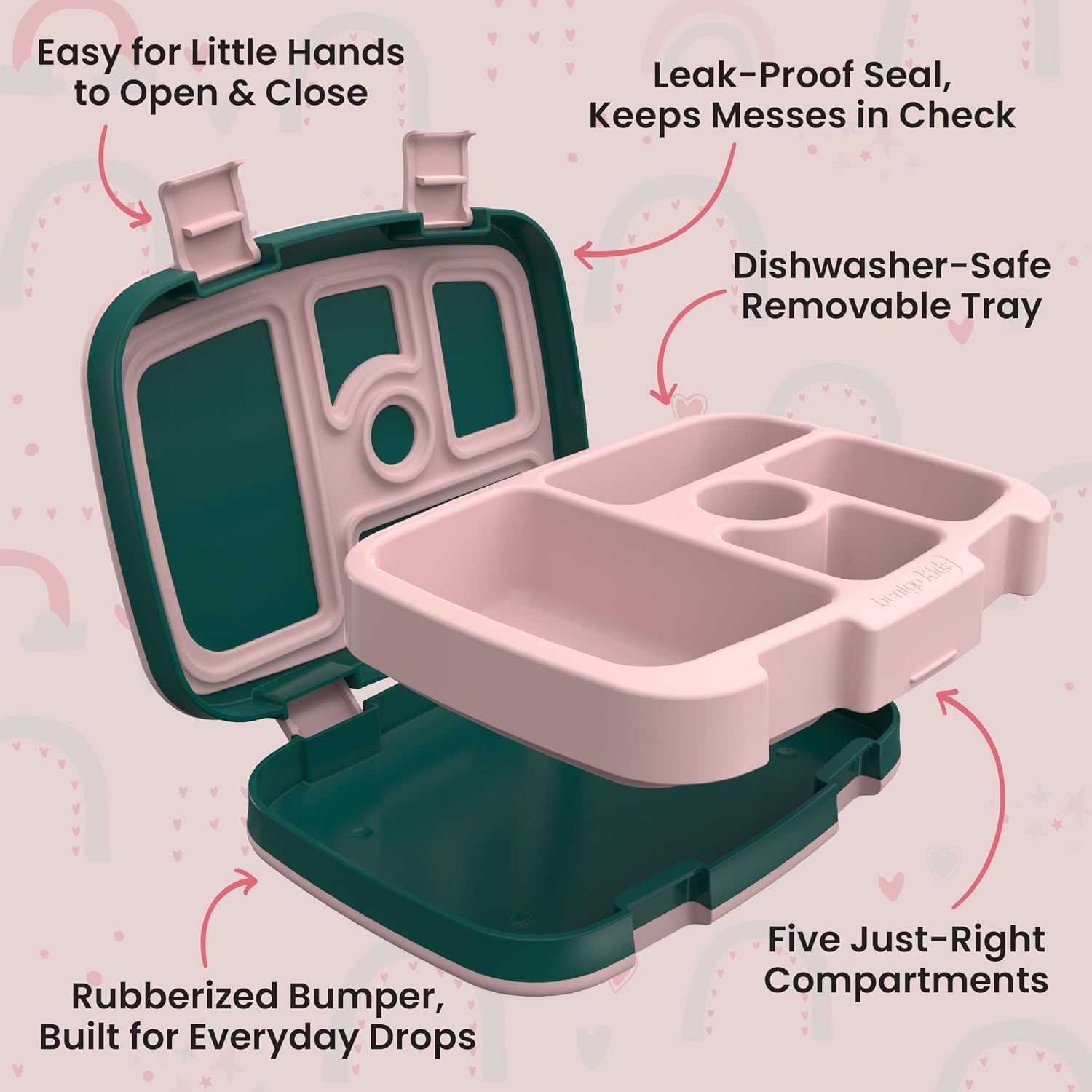 image:imageBentgo Kids Prints LeakProof 5Compartment BentoStyle Kids Lunch Box Ideal Portion Sizes for Ages 37 Durable DropProof Dishwasher Safe PFAS amp BPAFree Materials NEW Blooming FloralGreen Rainbow