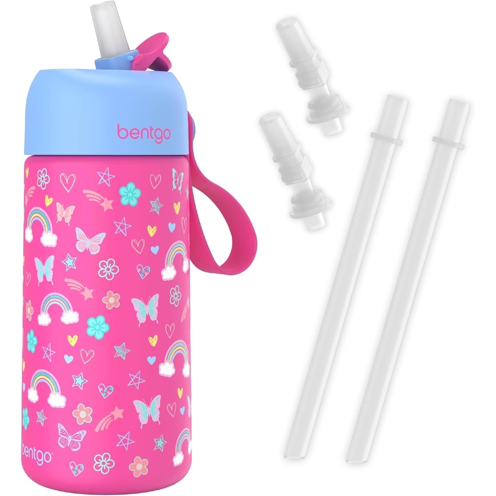 image:imageBentgo Kids Stainless Steel Water Bottle and Replacement Straws Set Rainbow amp Butterflies