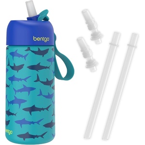 Bentgo Kids Stainless Steel Water Bottle and Replacement Straws Set (Sharks)