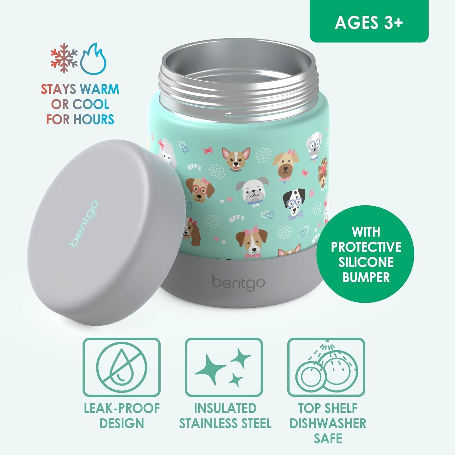 image:imageBentgo Kids Stainless Steel Food Jar 11 fl oz LeakProof Double Insulated Hot or Cold Food Container with Removable Silicone Bumper Dishwasher Safe Easy Open Lid Ages 3 Cowgirl DreamsPuppy Love