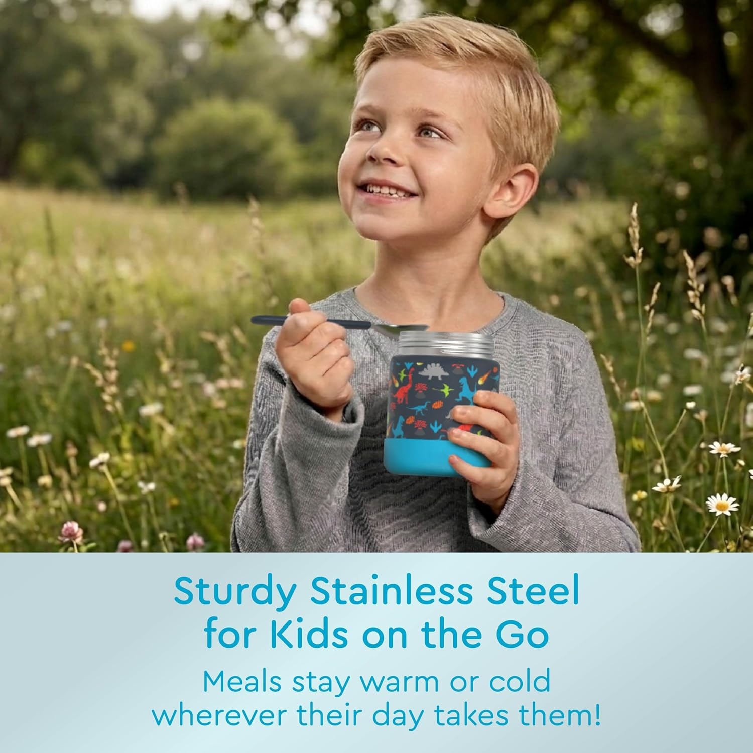 image:imageBentgo Kids Stainless Steel Food Jar 11 fl oz LeakProof Double Insulated Hot or Cold Food Container with Removable Silicone Bumper Dishwasher Safe Easy Open Lid Ages 3 Cowgirl DreamsDinosaur
