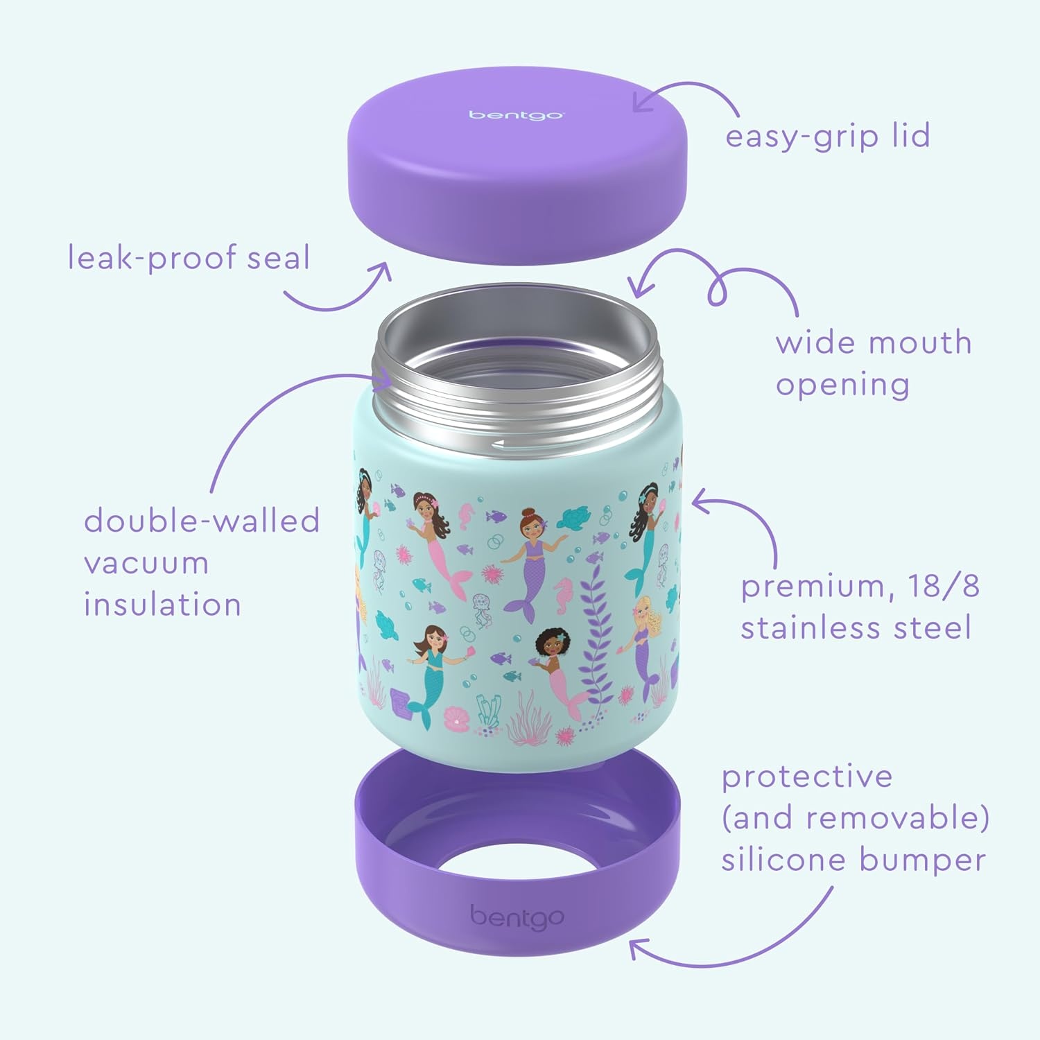 image:imageBentgo Kids Stainless Steel Food Jar 11 fl oz LeakProof Double Insulated Hot or Cold Food Container with Removable Silicone Bumper Dishwasher Safe Easy Open Lid Ages 3 Cowgirl DreamsSea Life