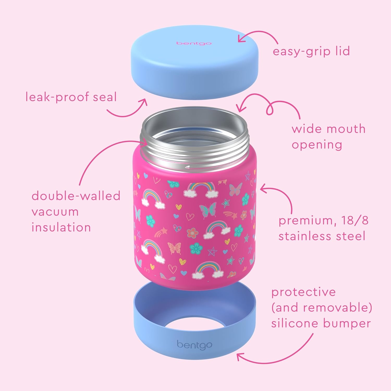 image:imageBentgo Kids Stainless Steel Food Jar 11 fl oz LeakProof Double Insulated Hot or Cold Food Container with Removable Silicone Bumper Dishwasher Safe Easy Open Lid Ages 3 Cowgirl DreamsRainbows and Butterflies