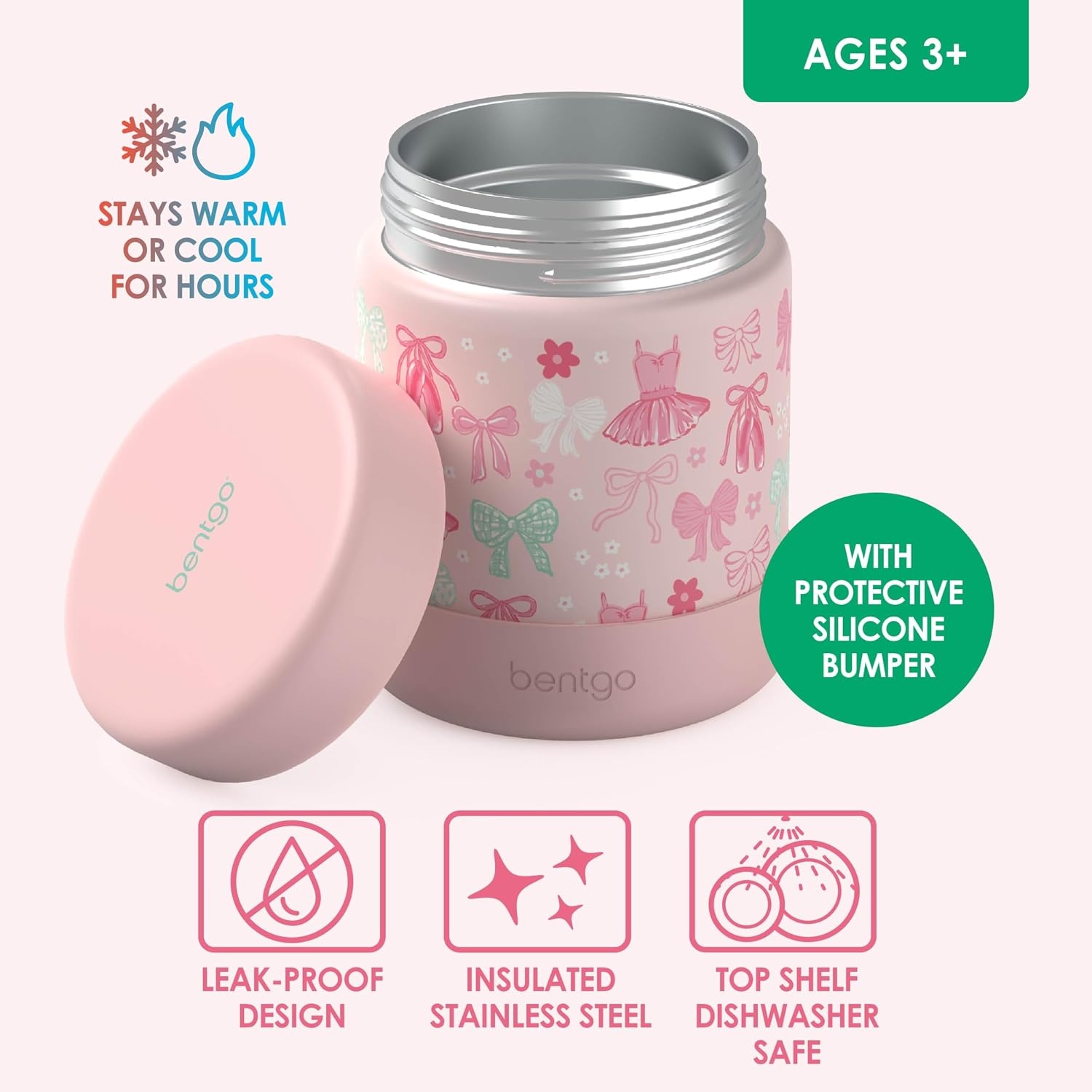 image:imageBentgo Kids Stainless Steel Food Jar 11 fl oz LeakProof Double Insulated Hot or Cold Food Container with Removable Silicone Bumper Dishwasher Safe Easy Open Lid Ages 3 Cowgirl DreamsBallet and Bows