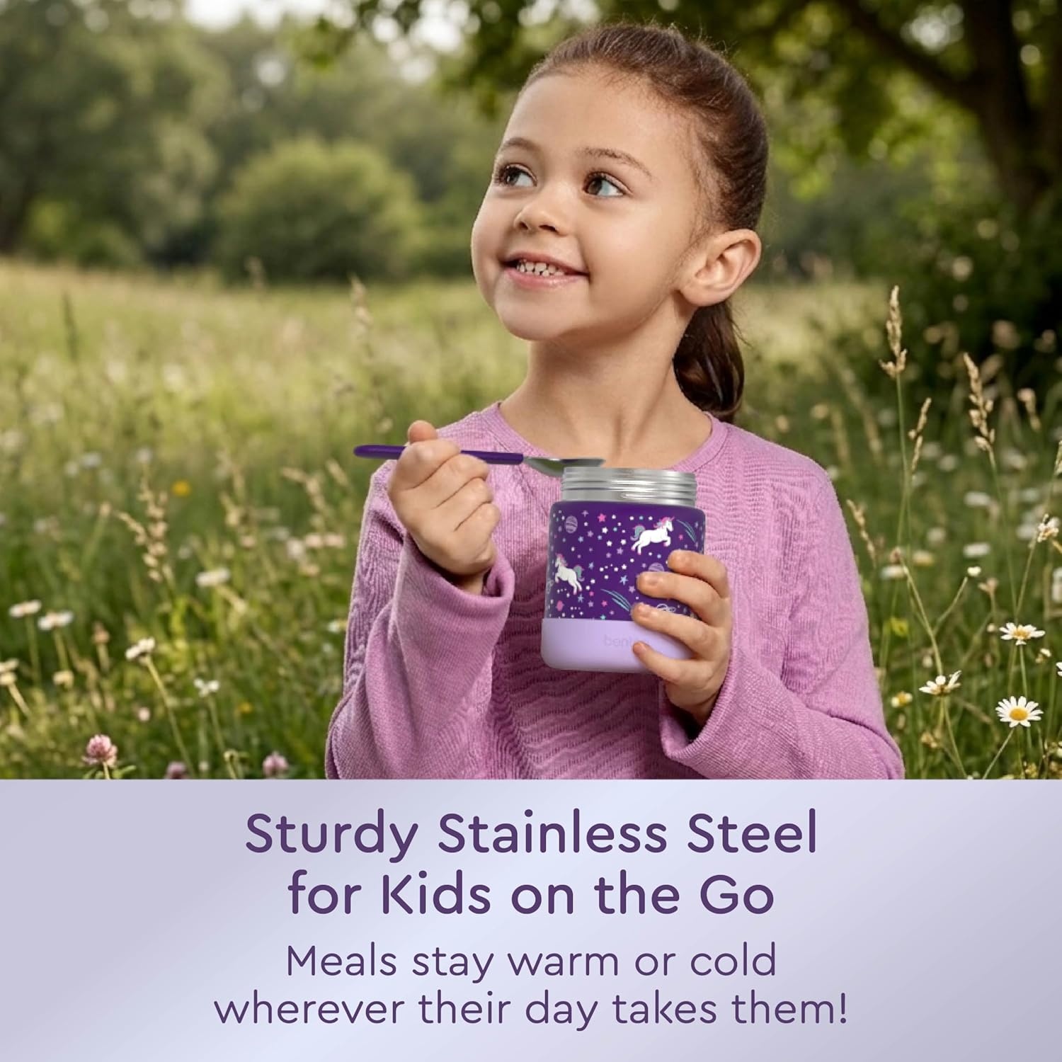image:imageBentgo Kids Stainless Steel Food Jar 11 fl oz LeakProof Double Insulated Hot or Cold Food Container with Removable Silicone Bumper Dishwasher Safe Easy Open Lid Ages 3 Cowgirl DreamsUnicorn