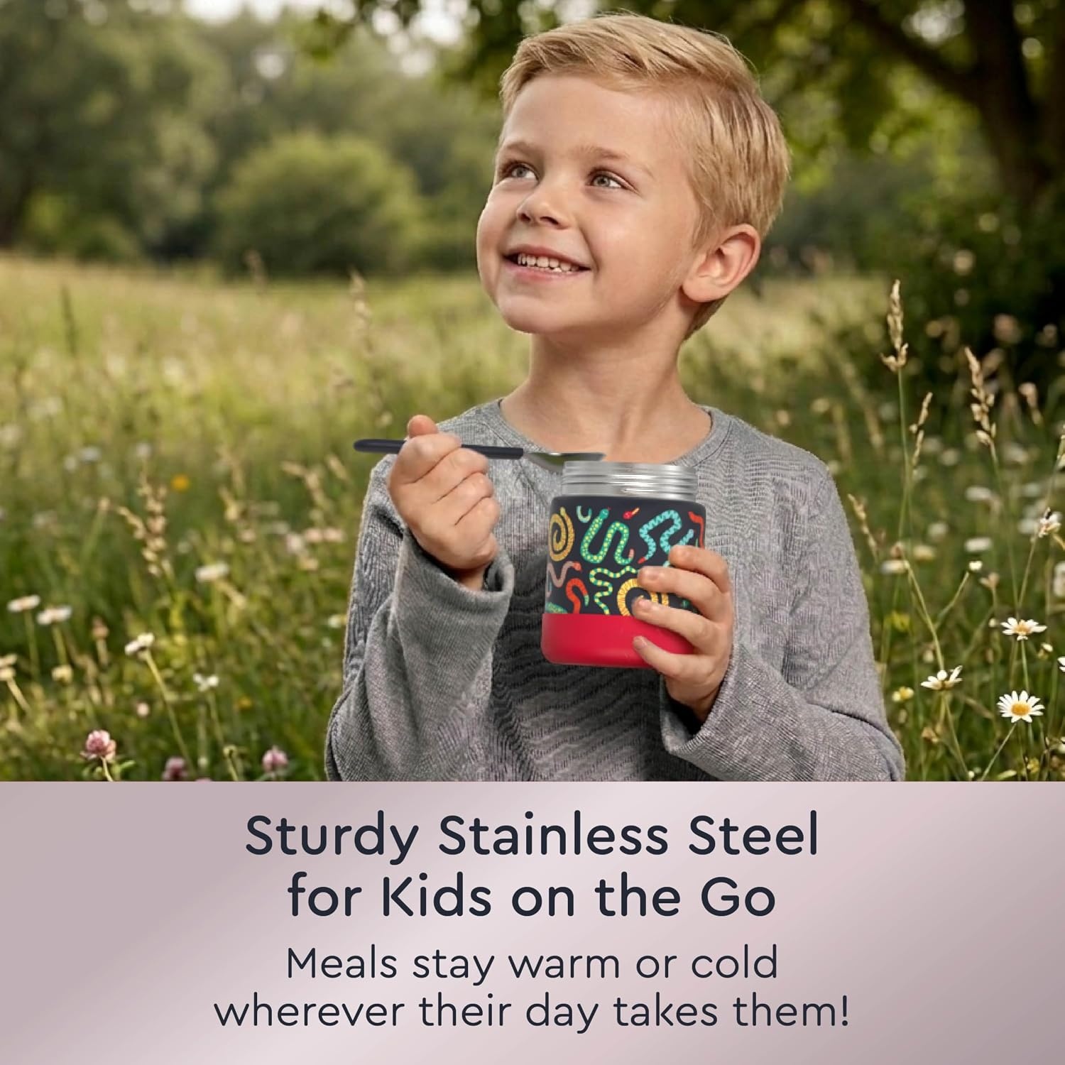 image:imageBentgo Kids Stainless Steel Food Jar 11 fl oz LeakProof Double Insulated Hot or Cold Food Container with Removable Silicone Bumper Dishwasher Safe Easy Open Lid Ages 3 Cowgirl DreamsSssnakes