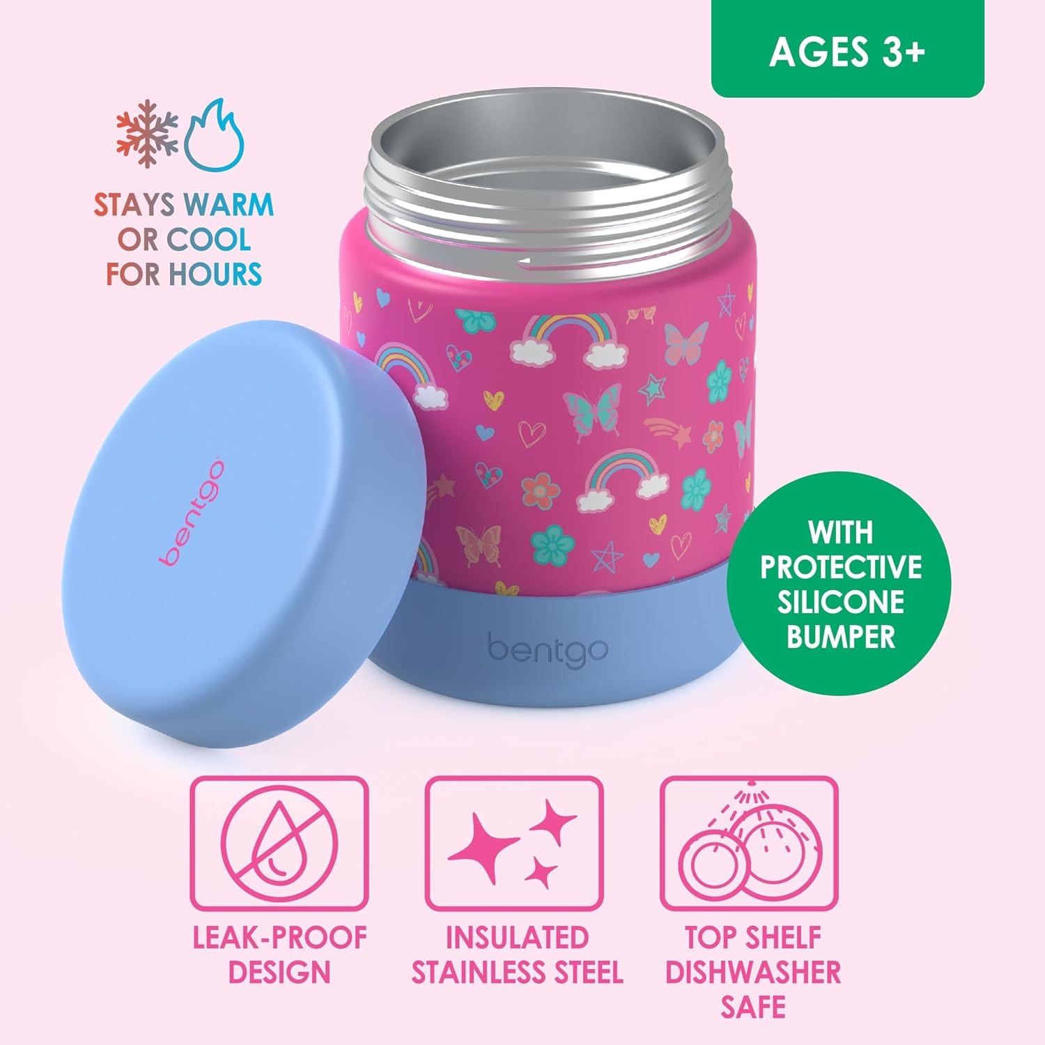 image:imageBentgo Kids Stainless Steel Food Jar 11 fl oz LeakProof Double Insulated Hot or Cold Food Container with Removable Silicone Bumper Dishwasher Safe Easy Open Lid Ages 3 Cowgirl DreamsRainbows and Butterflies