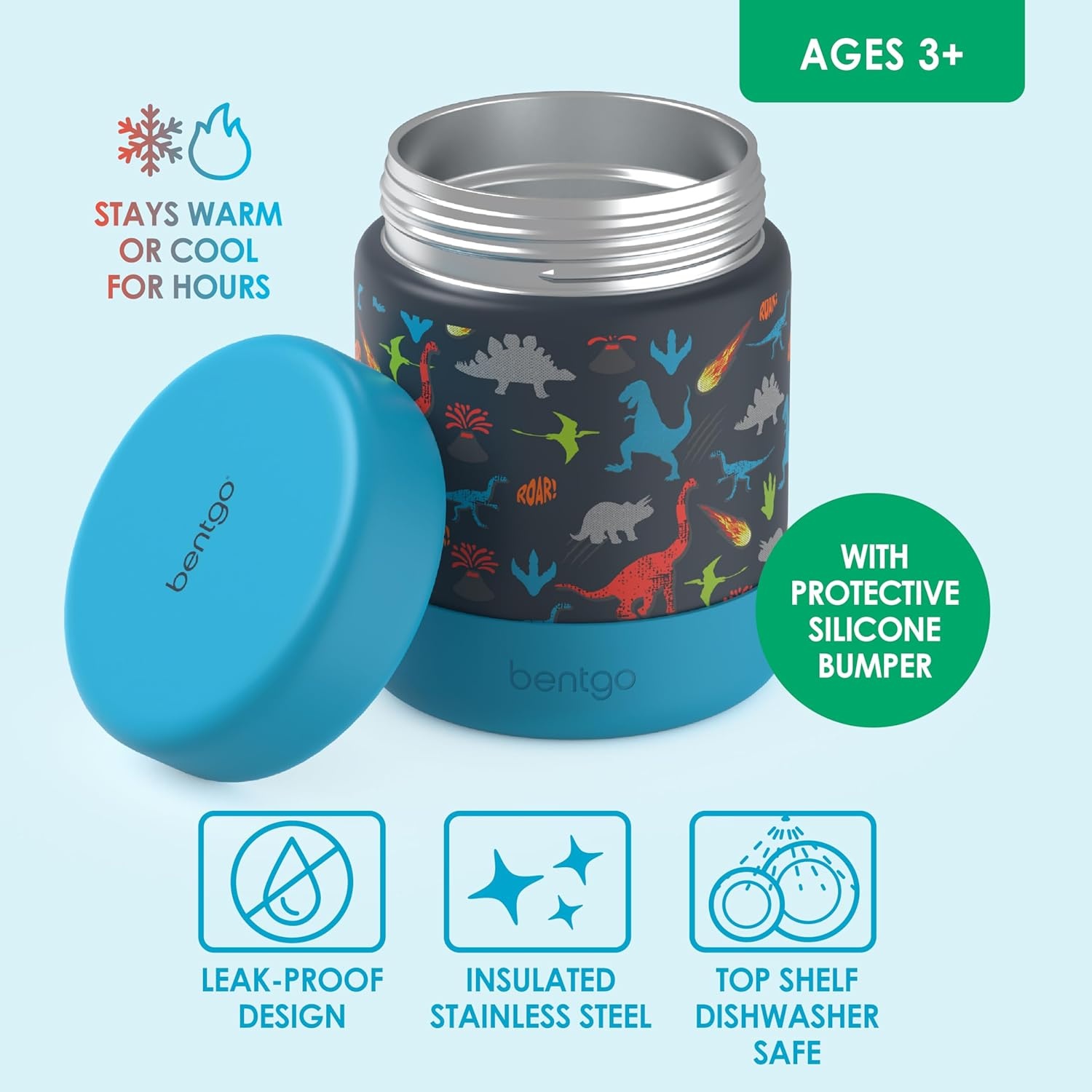 image:imageBentgo Kids Stainless Steel Food Jar 11 fl oz LeakProof Double Insulated Hot or Cold Food Container with Removable Silicone Bumper Dishwasher Safe Easy Open Lid Ages 3 Cowgirl DreamsDinosaur
