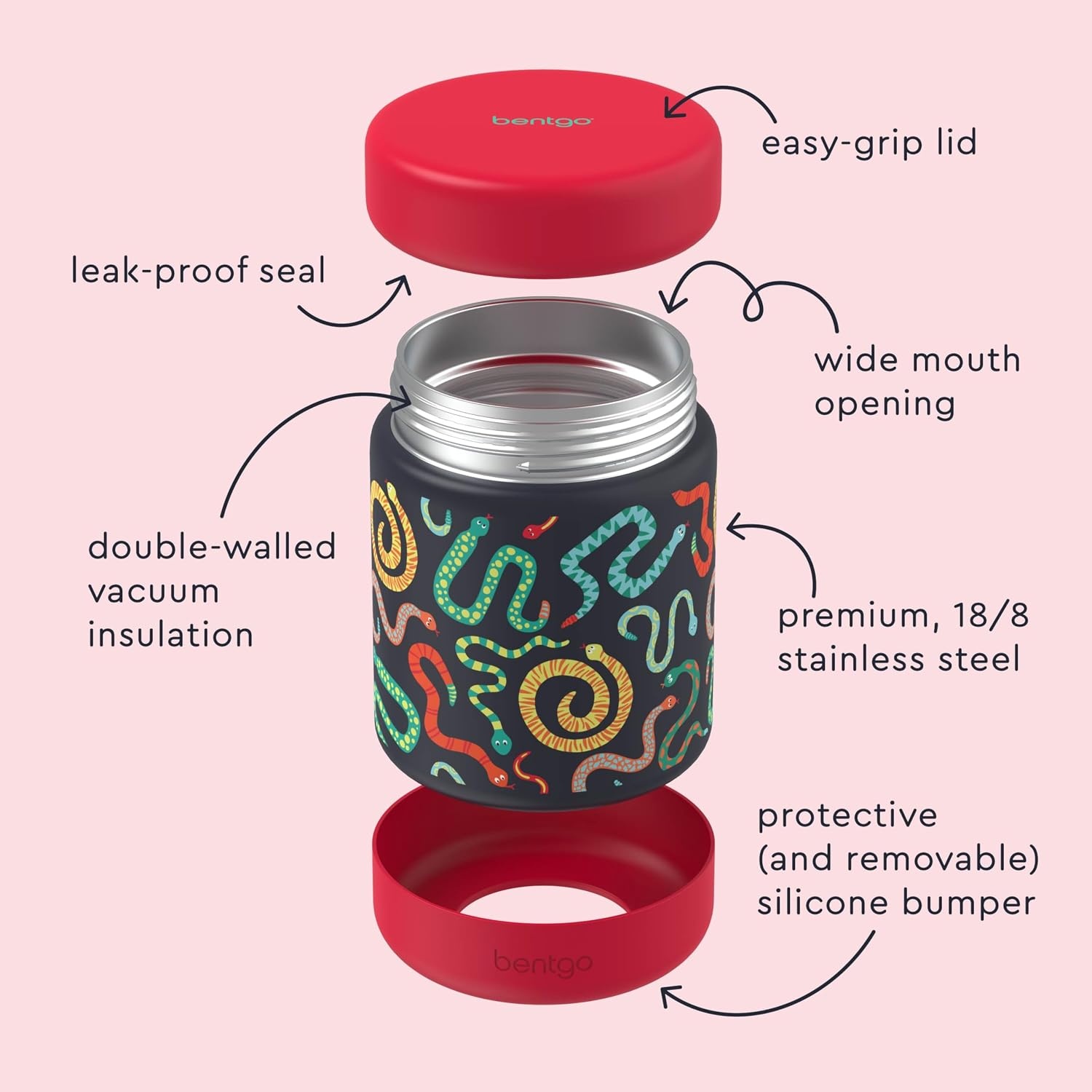 image:imageBentgo Kids Stainless Steel Food Jar 11 fl oz LeakProof Double Insulated Hot or Cold Food Container with Removable Silicone Bumper Dishwasher Safe Easy Open Lid Ages 3 Cowgirl DreamsSssnakes