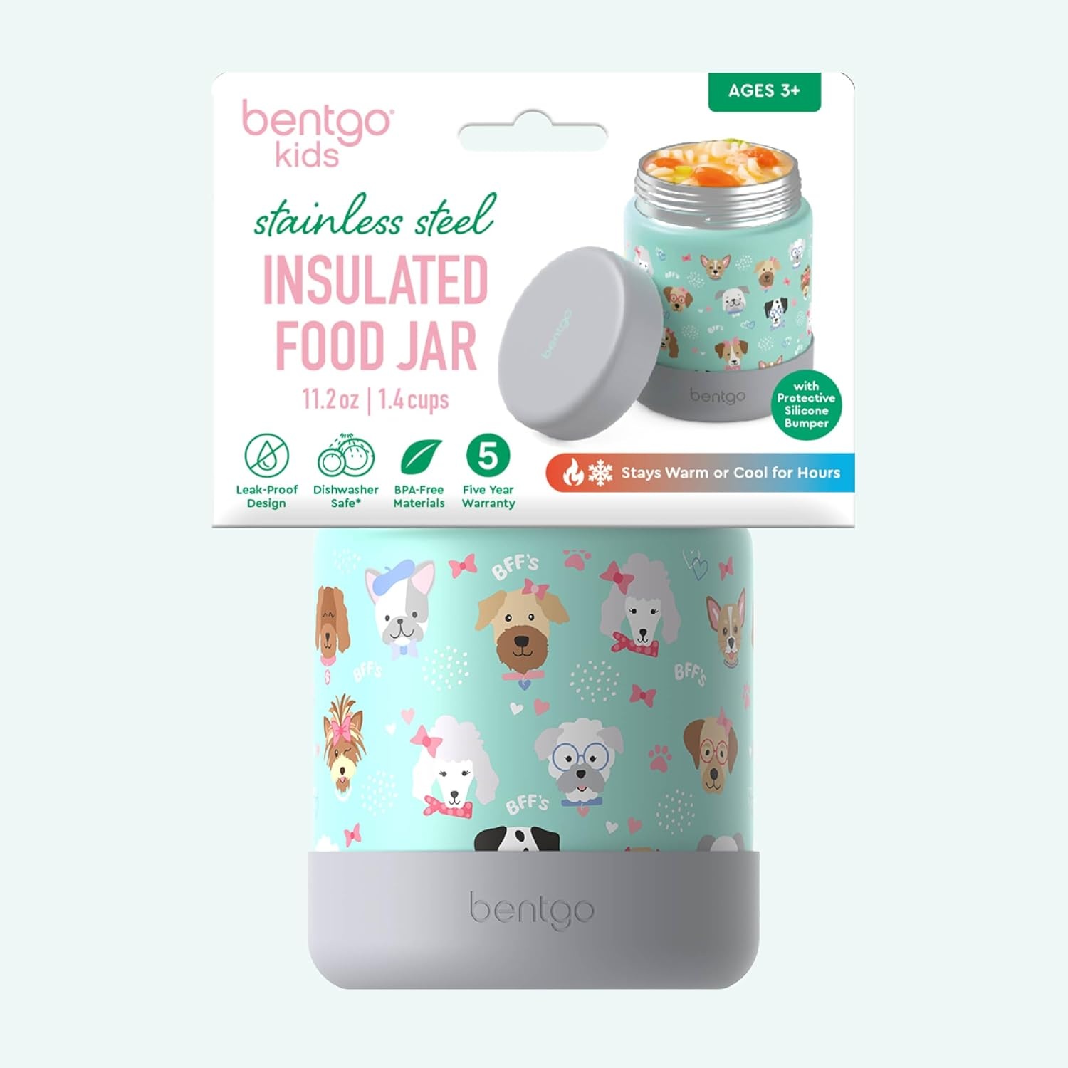 image:imageBentgo Kids Stainless Steel Food Jar 11 fl oz LeakProof Double Insulated Hot or Cold Food Container with Removable Silicone Bumper Dishwasher Safe Easy Open Lid Ages 3 Cowgirl DreamsPuppy Love