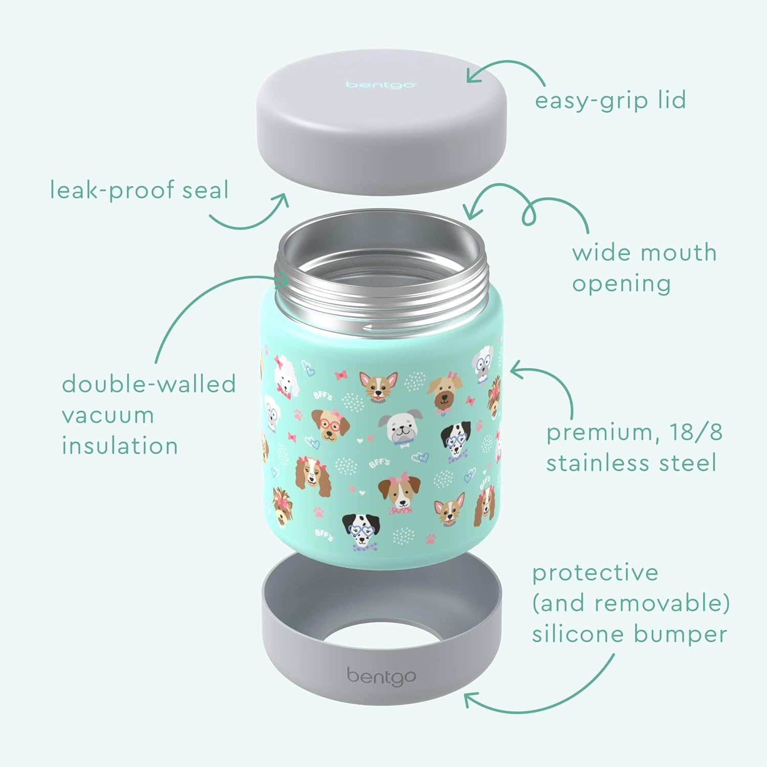 image:imageBentgo Kids Stainless Steel Food Jar 11 fl oz LeakProof Double Insulated Hot or Cold Food Container with Removable Silicone Bumper Dishwasher Safe Easy Open Lid Ages 3 Cowgirl DreamsPuppy Love