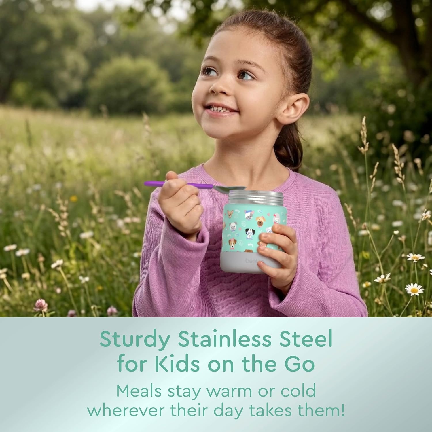 image:imageBentgo Kids Stainless Steel Food Jar 11 fl oz LeakProof Double Insulated Hot or Cold Food Container with Removable Silicone Bumper Dishwasher Safe Easy Open Lid Ages 3 Cowgirl DreamsPuppy Love