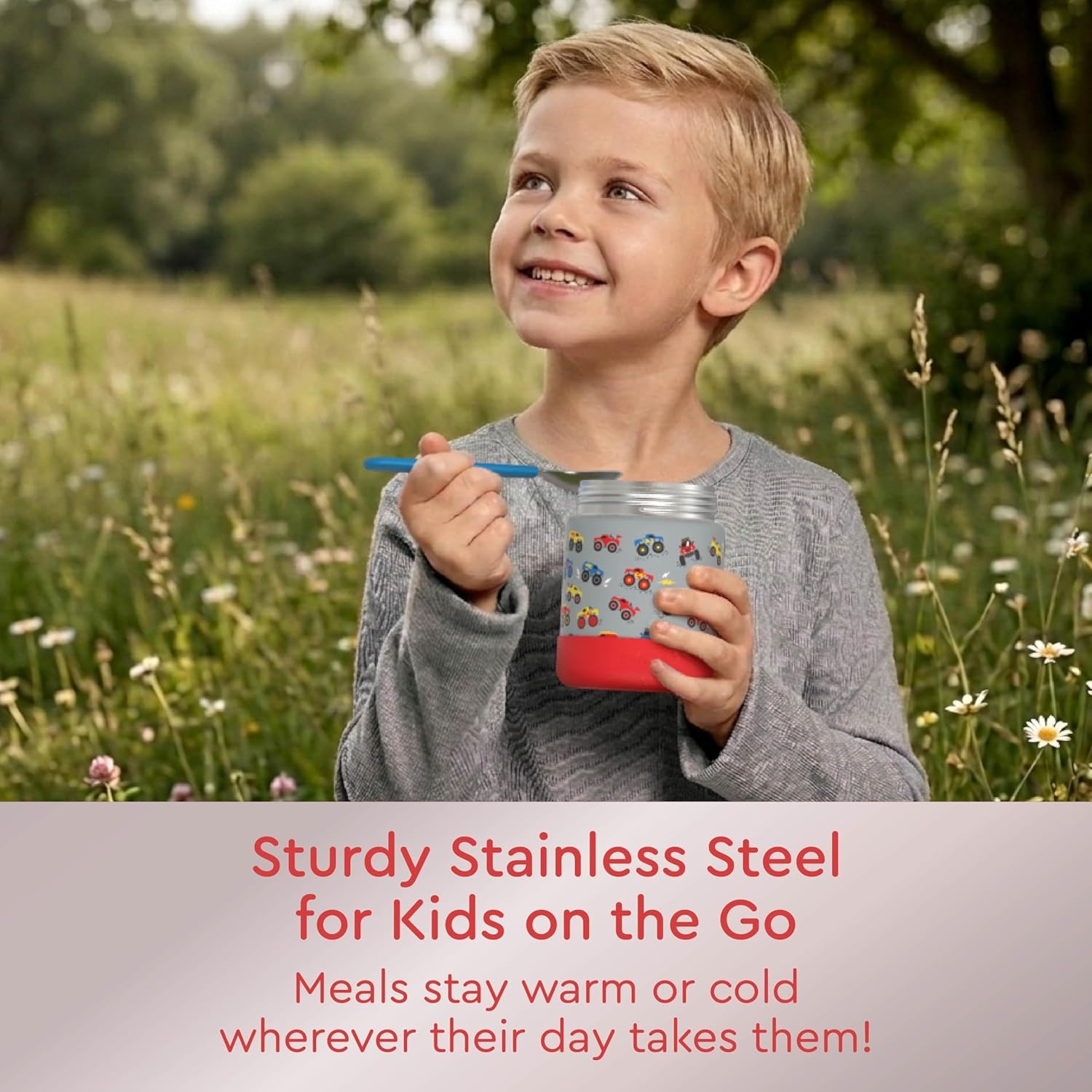 image:imageBentgo Kids Stainless Steel Food Jar 11 fl oz LeakProof Double Insulated Hot or Cold Food Container with Removable Silicone Bumper Dishwasher Safe Easy Open Lid Ages 3 Cowgirl DreamsTrucks