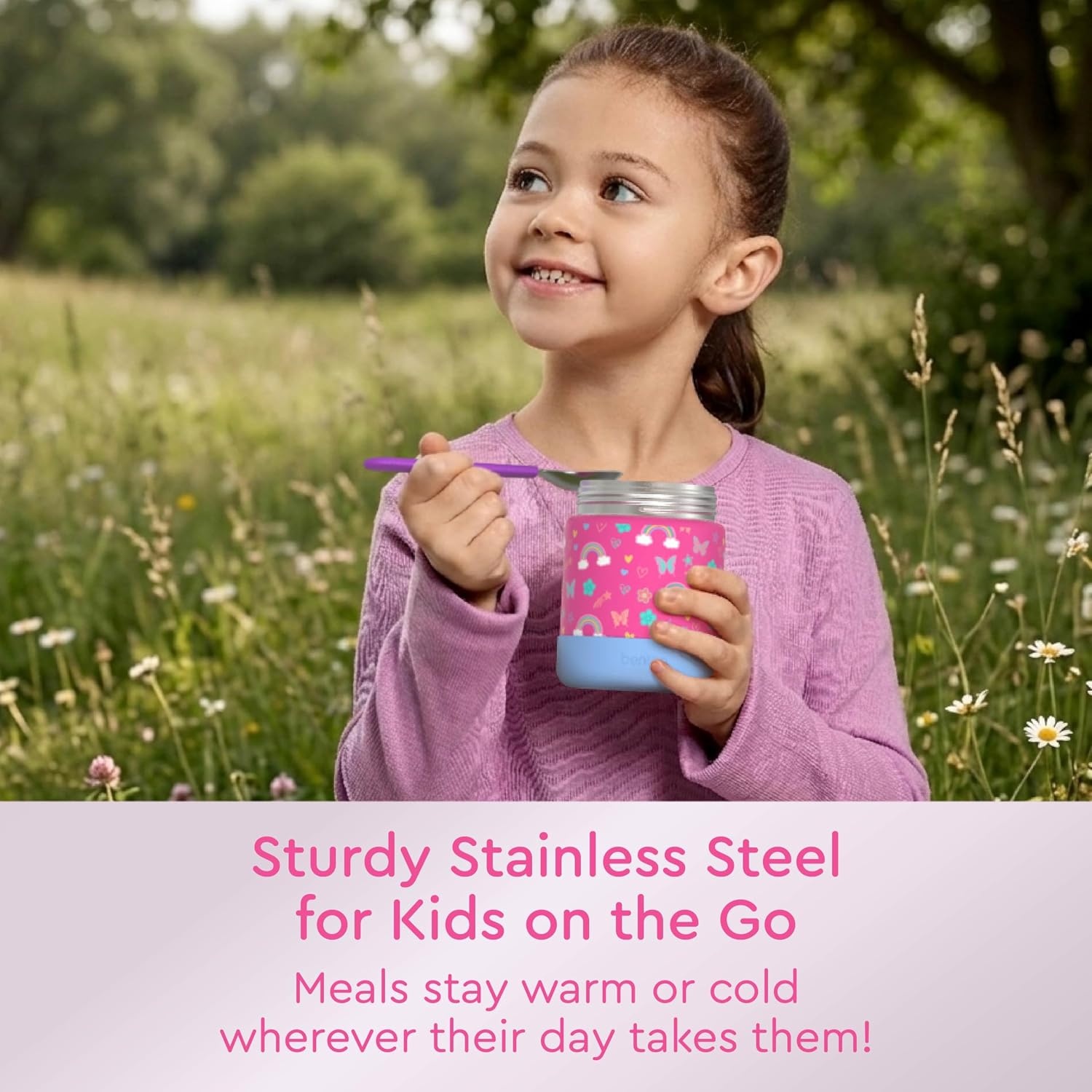 image:imageBentgo Kids Stainless Steel Food Jar 11 fl oz LeakProof Double Insulated Hot or Cold Food Container with Removable Silicone Bumper Dishwasher Safe Easy Open Lid Ages 3 Cowgirl DreamsRainbows and Butterflies
