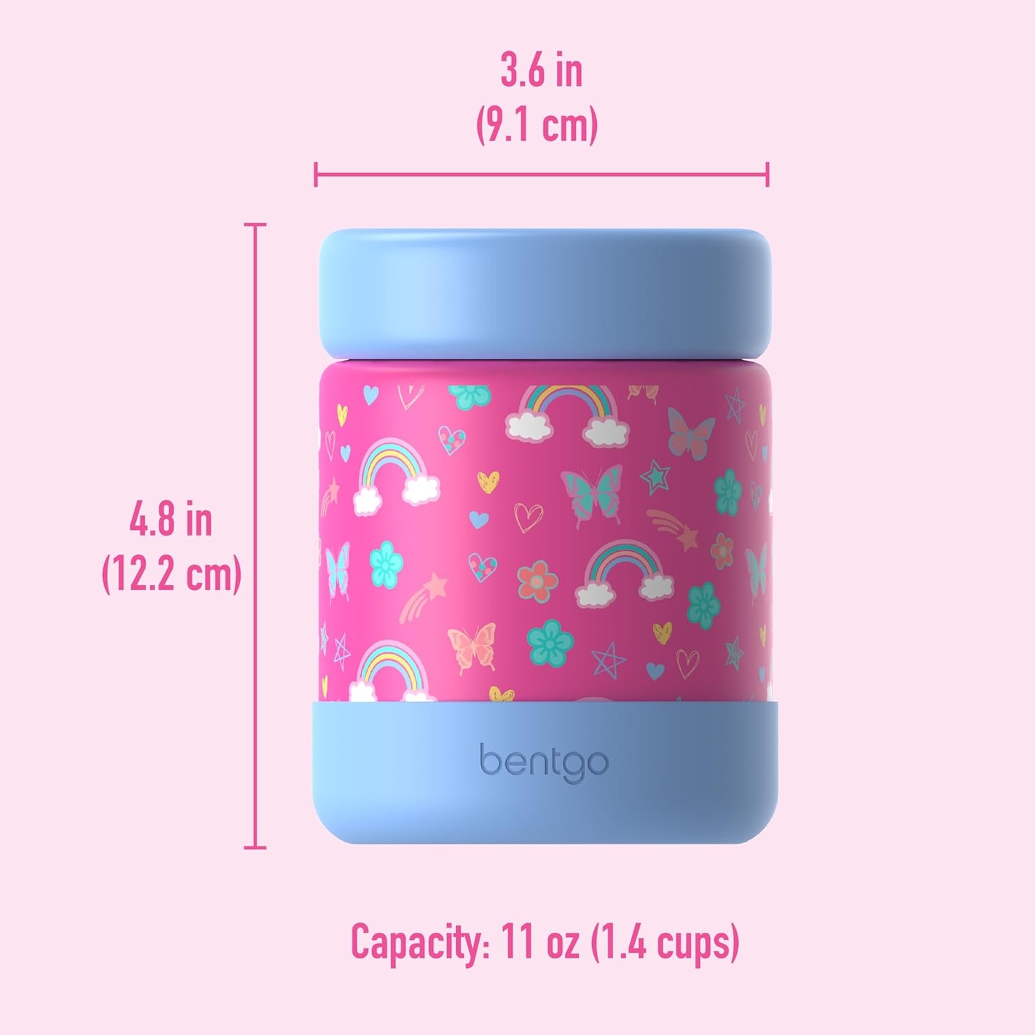 image:imageBentgo Kids Stainless Steel Food Jar 11 fl oz LeakProof Double Insulated Hot or Cold Food Container with Removable Silicone Bumper Dishwasher Safe Easy Open Lid Ages 3 Cowgirl DreamsRainbows and Butterflies