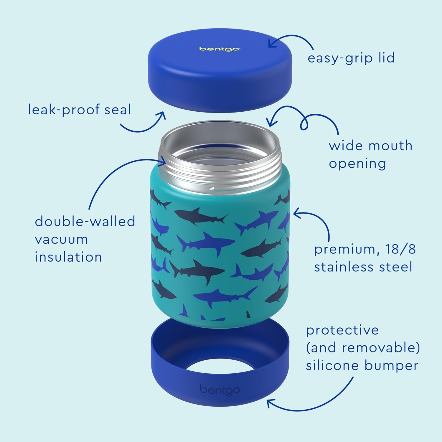 image:imageBentgo Kids Stainless Steel Food Jar 11 fl oz LeakProof Double Insulated Hot or Cold Food Container with Removable Silicone Bumper Dishwasher Safe Easy Open Lid Ages 3 Cowgirl DreamsShark