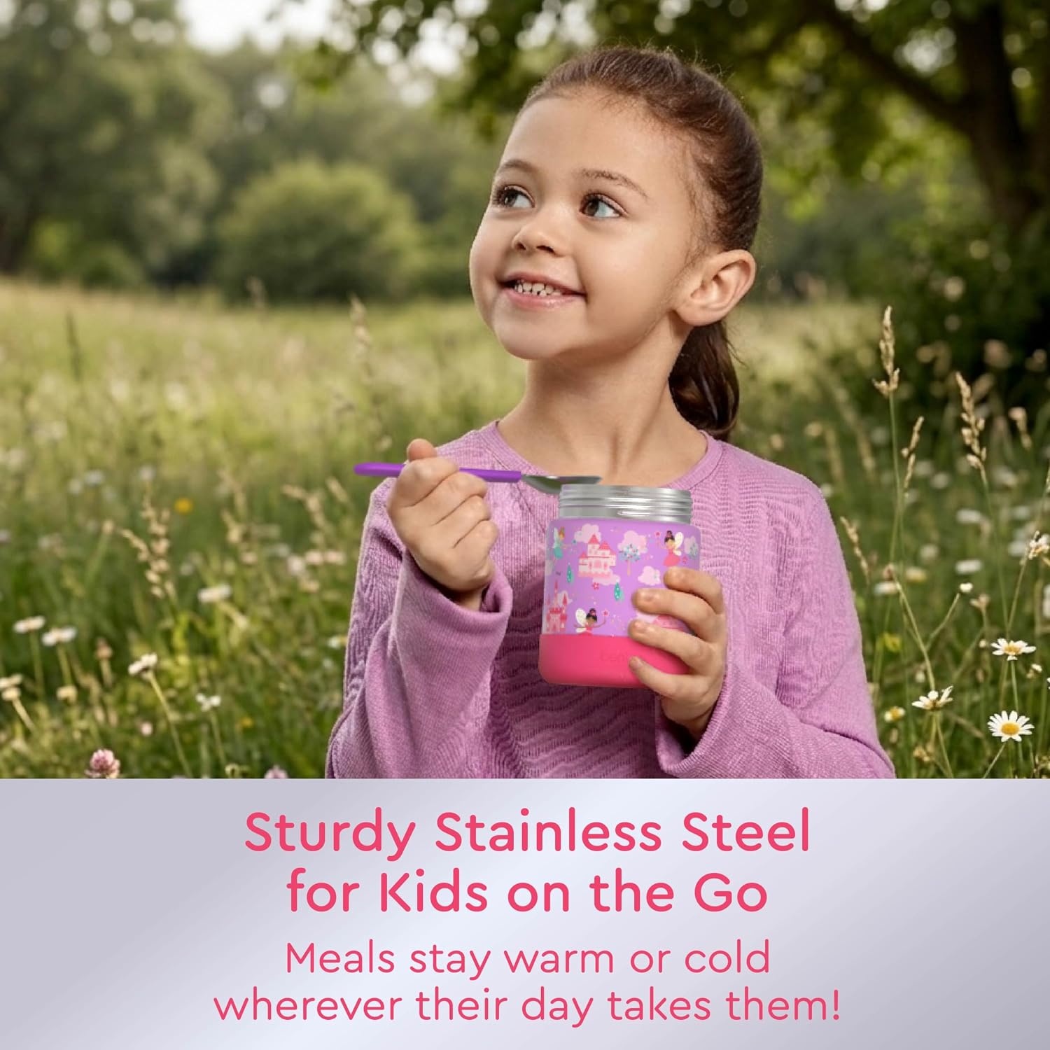 image:imageBentgo Kids Stainless Steel Food Jar 11 fl oz LeakProof Double Insulated Hot or Cold Food Container with Removable Silicone Bumper Dishwasher Safe Easy Open Lid Ages 3 Cowgirl DreamsFairies