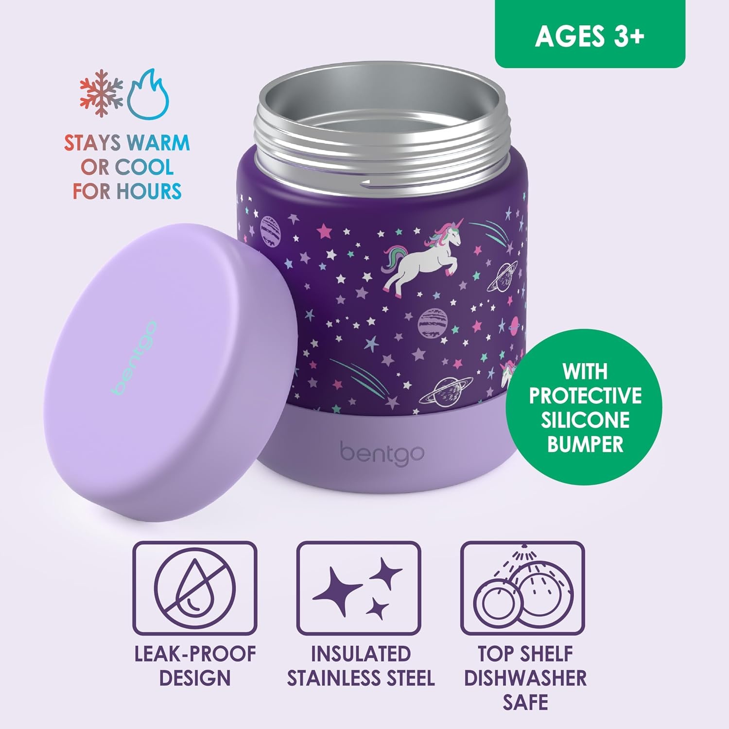 image:imageBentgo Kids Stainless Steel Food Jar 11 fl oz LeakProof Double Insulated Hot or Cold Food Container with Removable Silicone Bumper Dishwasher Safe Easy Open Lid Ages 3 Cowgirl DreamsUnicorn