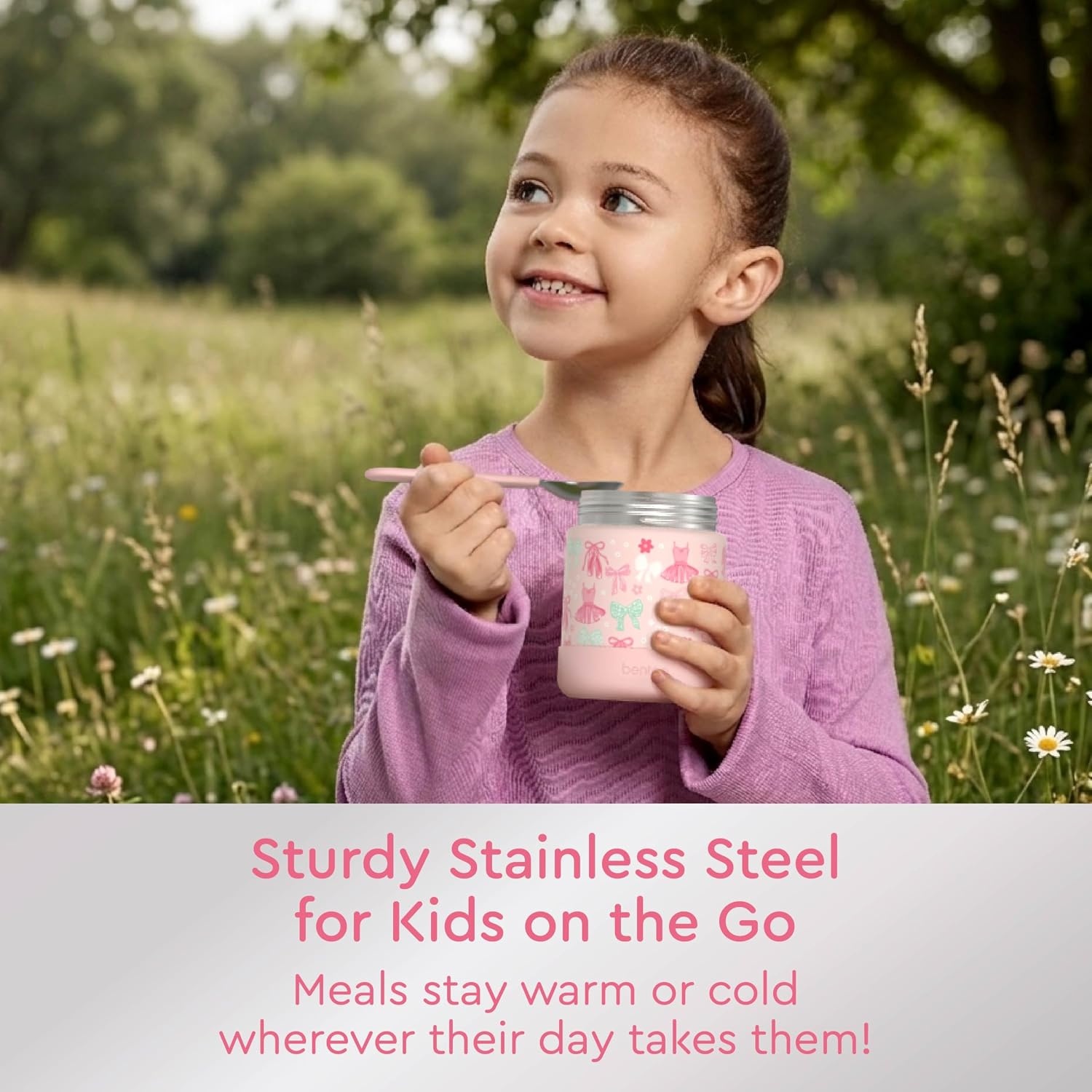 image:imageBentgo Kids Stainless Steel Food Jar 11 fl oz LeakProof Double Insulated Hot or Cold Food Container with Removable Silicone Bumper Dishwasher Safe Easy Open Lid Ages 3 Cowgirl DreamsBallet and Bows