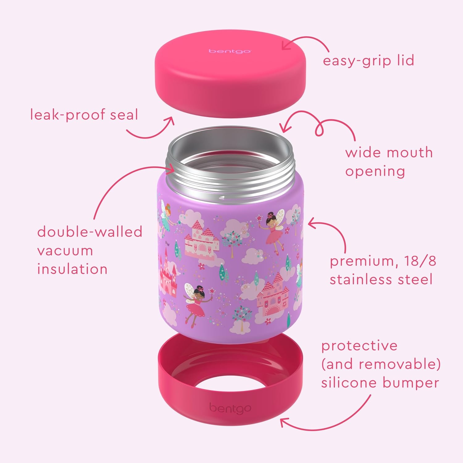 image:imageBentgo Kids Stainless Steel Food Jar 11 fl oz LeakProof Double Insulated Hot or Cold Food Container with Removable Silicone Bumper Dishwasher Safe Easy Open Lid Ages 3 Cowgirl DreamsFairies