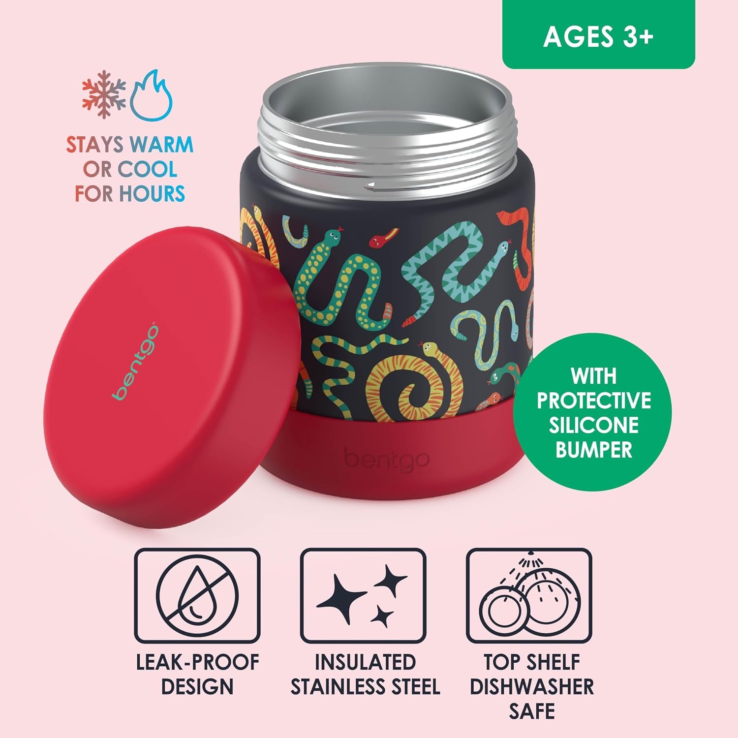 image:imageBentgo Kids Stainless Steel Food Jar 11 fl oz LeakProof Double Insulated Hot or Cold Food Container with Removable Silicone Bumper Dishwasher Safe Easy Open Lid Ages 3 Cowgirl DreamsSssnakes
