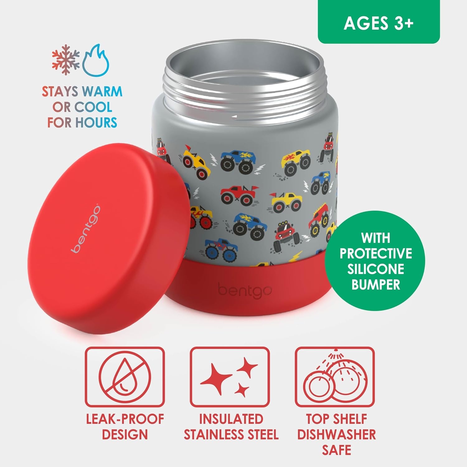 image:imageBentgo Kids Stainless Steel Food Jar 11 fl oz LeakProof Double Insulated Hot or Cold Food Container with Removable Silicone Bumper Dishwasher Safe Easy Open Lid Ages 3 Cowgirl DreamsTrucks