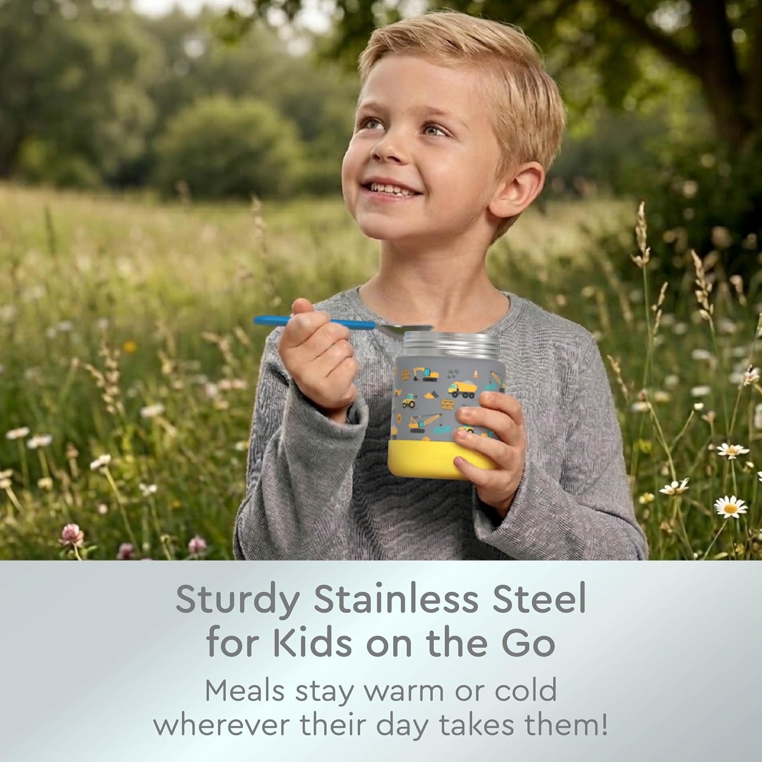 image:imageBentgo Kids Stainless Steel Food Jar 11 fl oz LeakProof Double Insulated Hot or Cold Food Container with Removable Silicone Bumper Dishwasher Safe Easy Open Lid Ages 3 Cowgirl DreamsConstruction Trucks