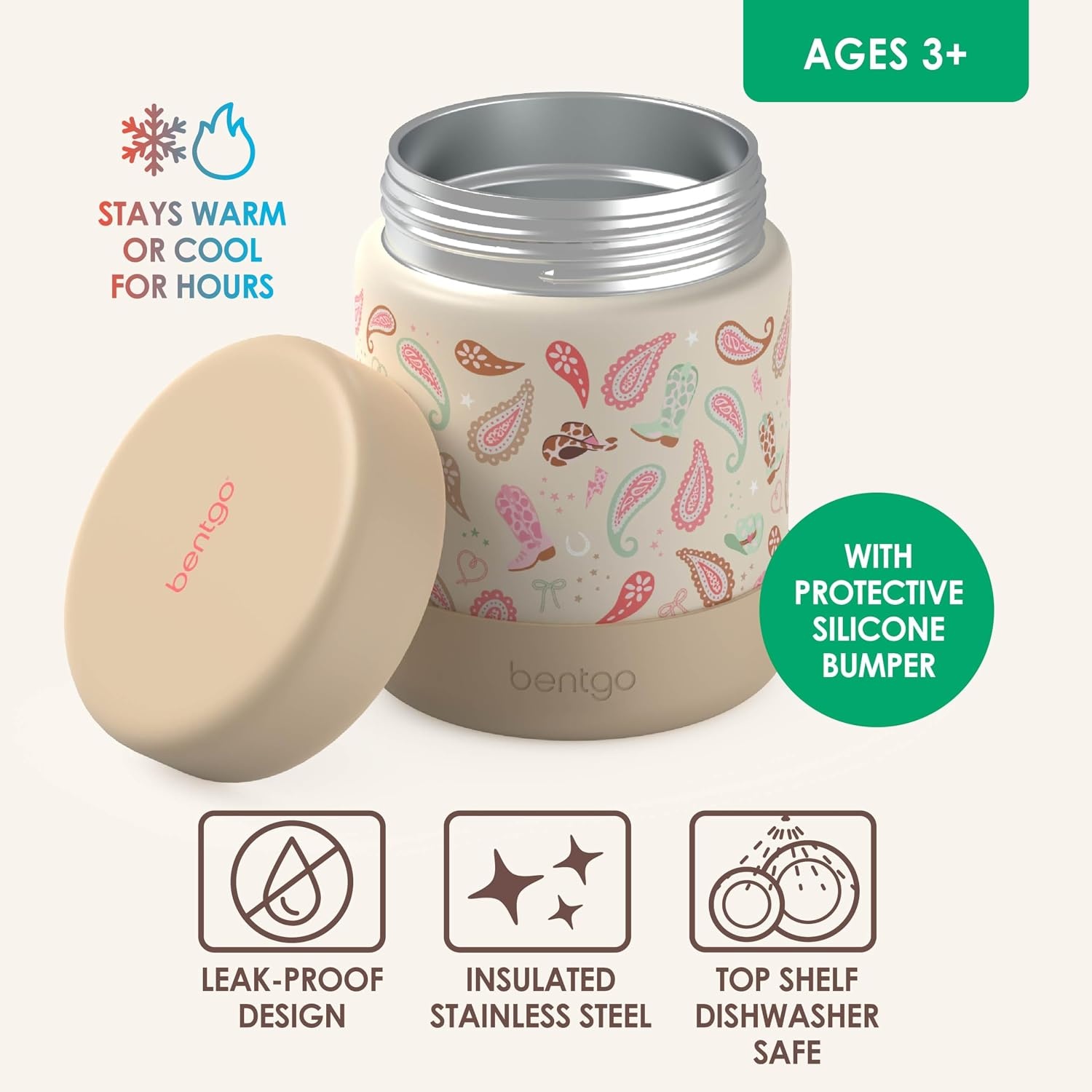 image:imageBentgo Kids Stainless Steel Food Jar 11 fl oz LeakProof Double Insulated Hot or Cold Food Container with Removable Silicone Bumper Dishwasher Safe Easy Open Lid Ages 3 Cowgirl DreamsCowgirl Dreams