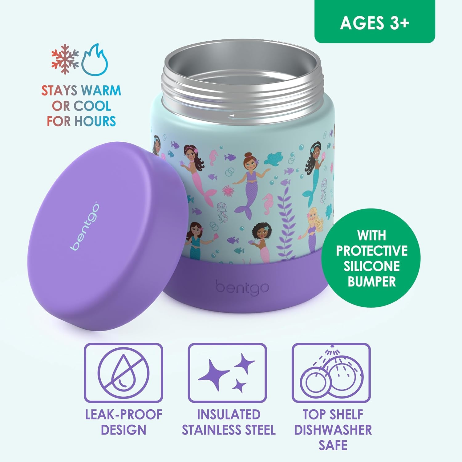image:imageBentgo Kids Stainless Steel Food Jar 11 fl oz LeakProof Double Insulated Hot or Cold Food Container with Removable Silicone Bumper Dishwasher Safe Easy Open Lid Ages 3 Cowgirl DreamsSea Life