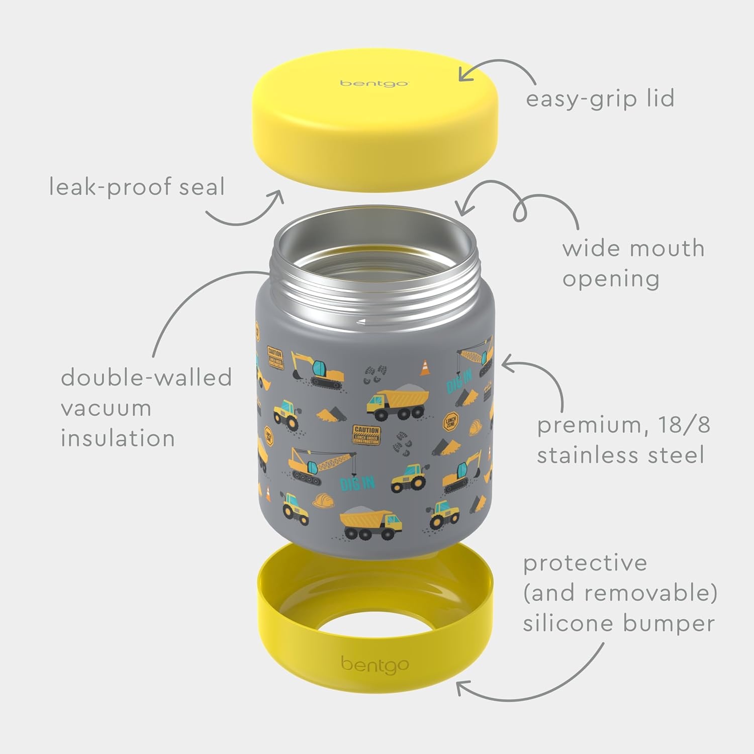 image:imageBentgo Kids Stainless Steel Food Jar 11 fl oz LeakProof Double Insulated Hot or Cold Food Container with Removable Silicone Bumper Dishwasher Safe Easy Open Lid Ages 3 Cowgirl DreamsConstruction Trucks