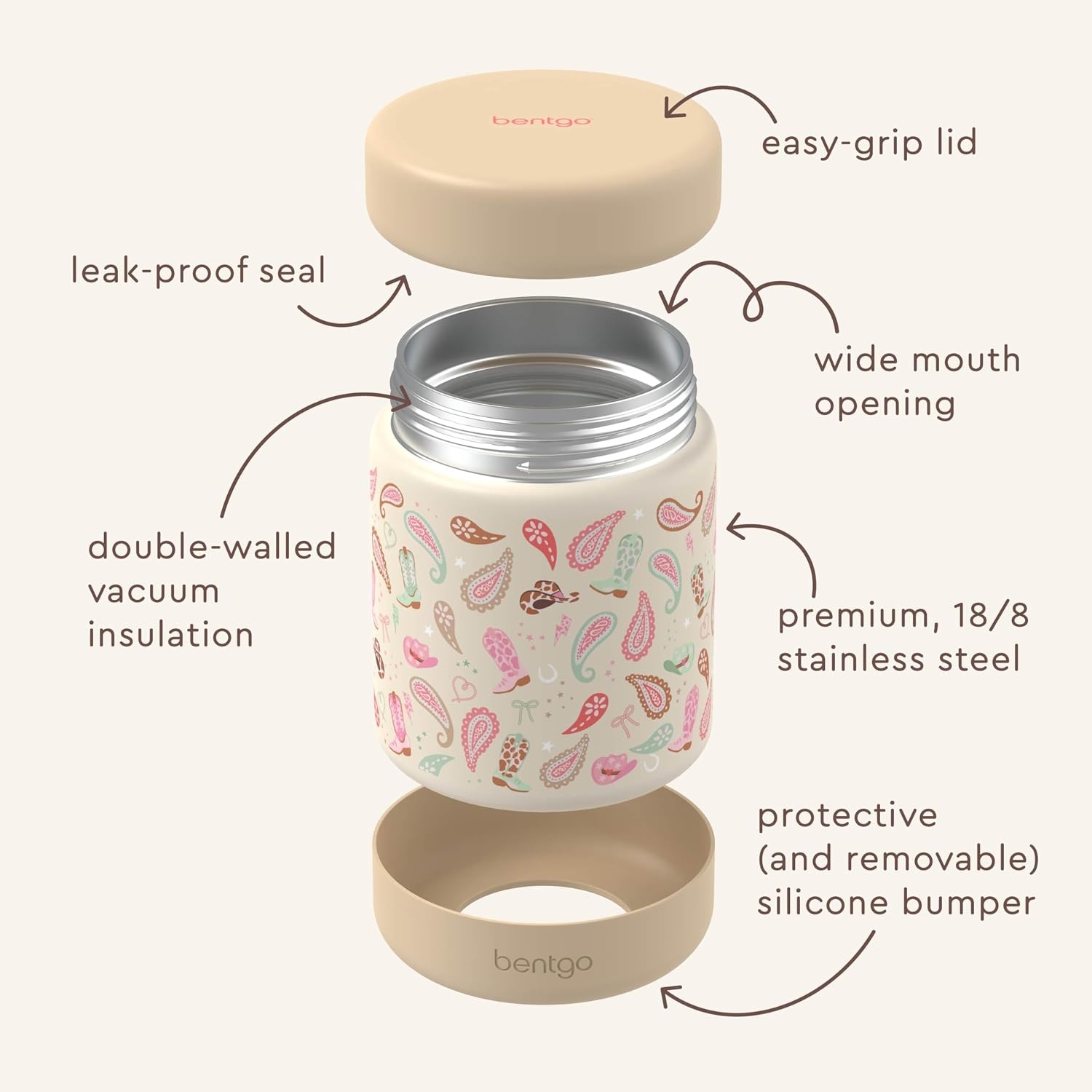 image:imageBentgo Kids Stainless Steel Food Jar 11 fl oz LeakProof Double Insulated Hot or Cold Food Container with Removable Silicone Bumper Dishwasher Safe Easy Open Lid Ages 3 Cowgirl DreamsCowgirl Dreams