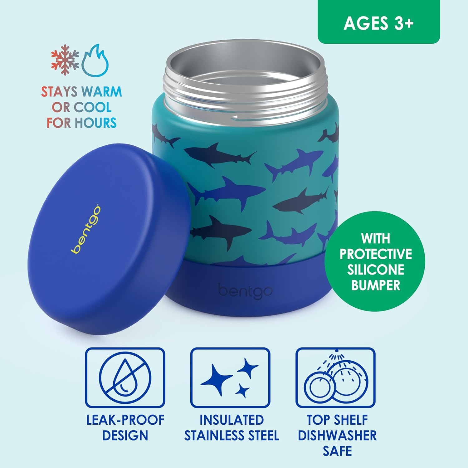 image:imageBentgo Kids Stainless Steel Food Jar 11 fl oz LeakProof Double Insulated Hot or Cold Food Container with Removable Silicone Bumper Dishwasher Safe Easy Open Lid Ages 3 Cowgirl DreamsShark