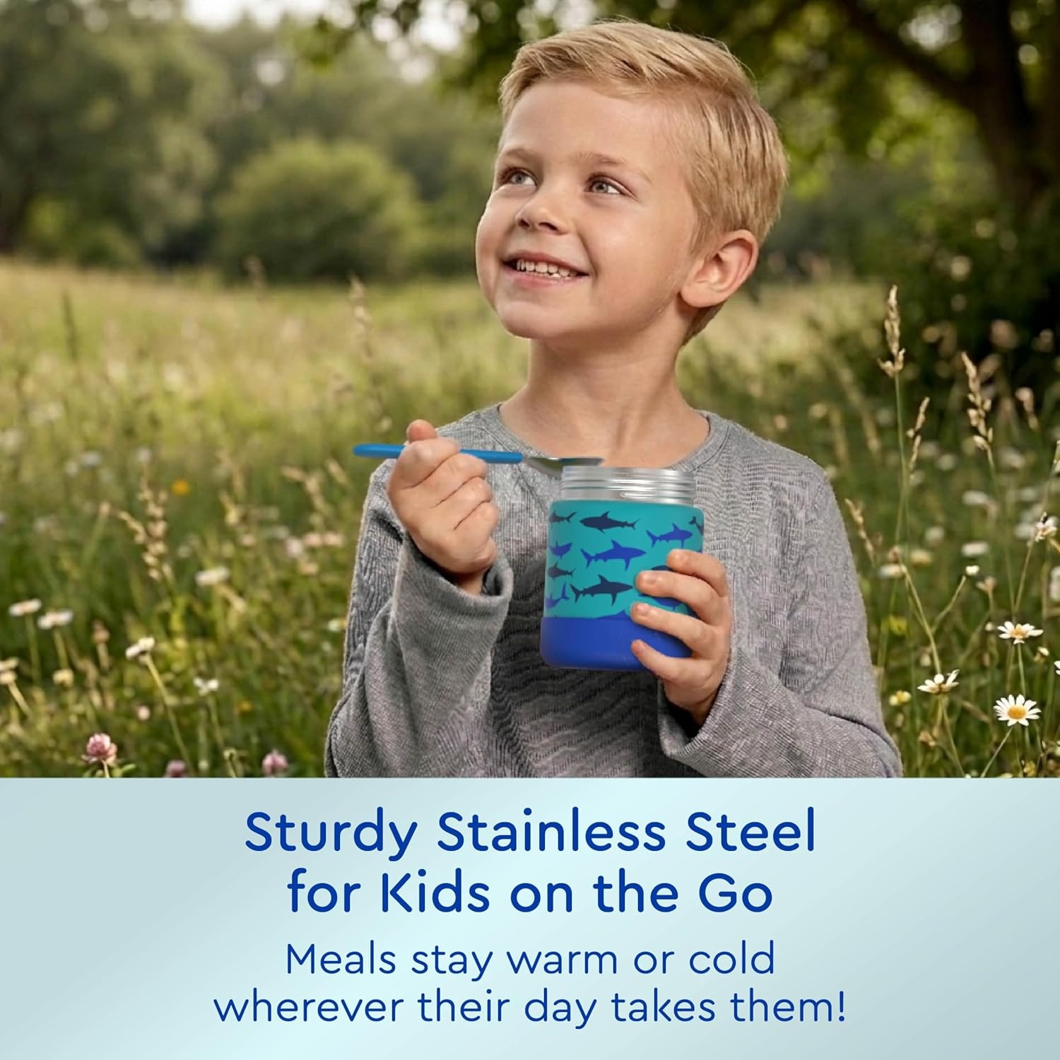 image:imageBentgo Kids Stainless Steel Food Jar 11 fl oz LeakProof Double Insulated Hot or Cold Food Container with Removable Silicone Bumper Dishwasher Safe Easy Open Lid Ages 3 Cowgirl DreamsShark