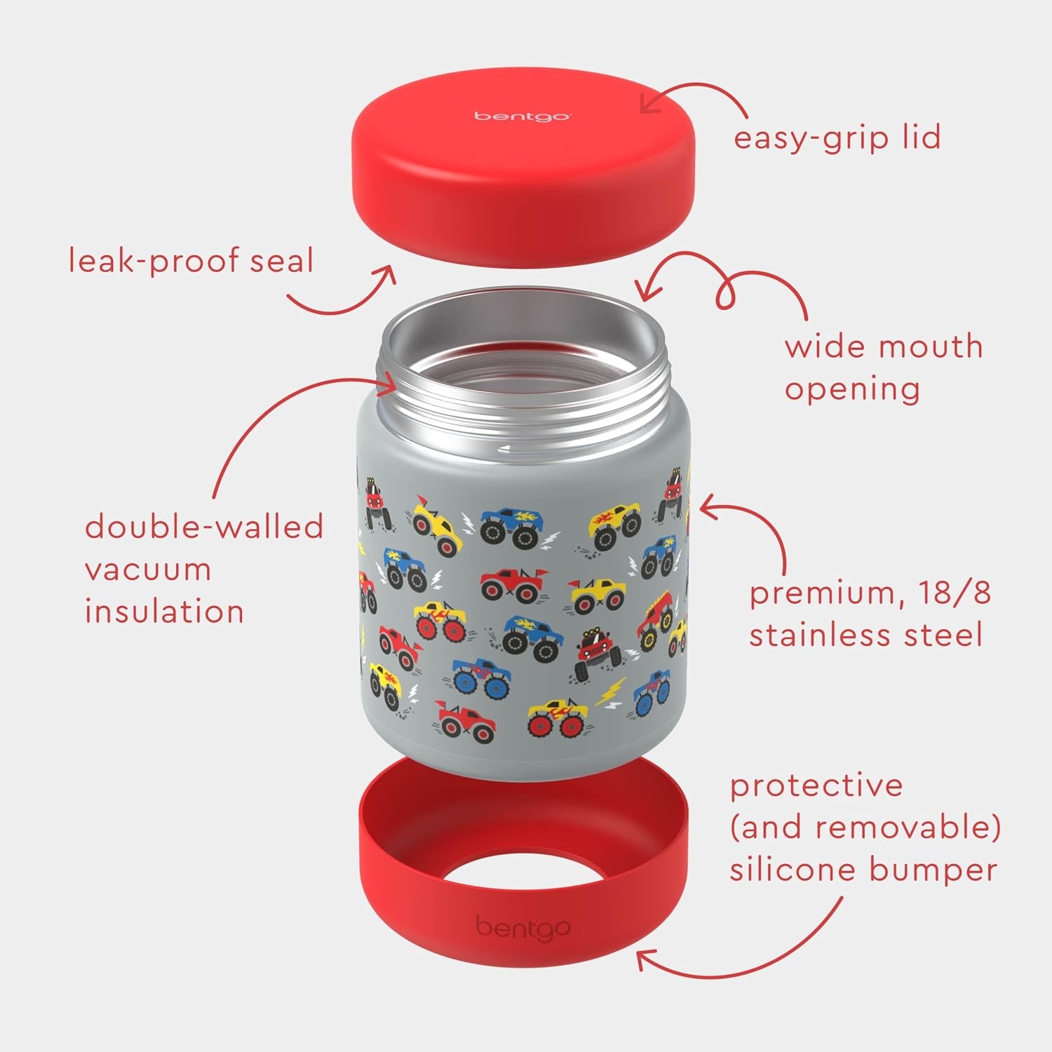 image:imageBentgo Kids Stainless Steel Food Jar 11 fl oz LeakProof Double Insulated Hot or Cold Food Container with Removable Silicone Bumper Dishwasher Safe Easy Open Lid Ages 3 Cowgirl DreamsTrucks