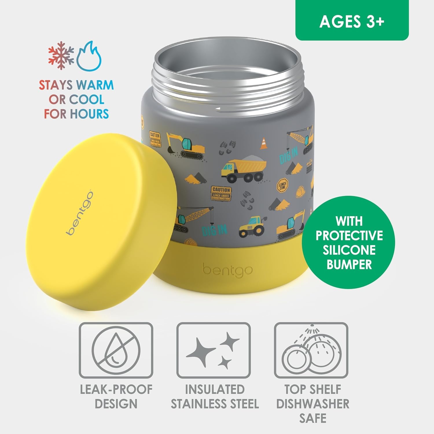 image:imageBentgo Kids Stainless Steel Food Jar 11 fl oz LeakProof Double Insulated Hot or Cold Food Container with Removable Silicone Bumper Dishwasher Safe Easy Open Lid Ages 3 Cowgirl DreamsConstruction Trucks