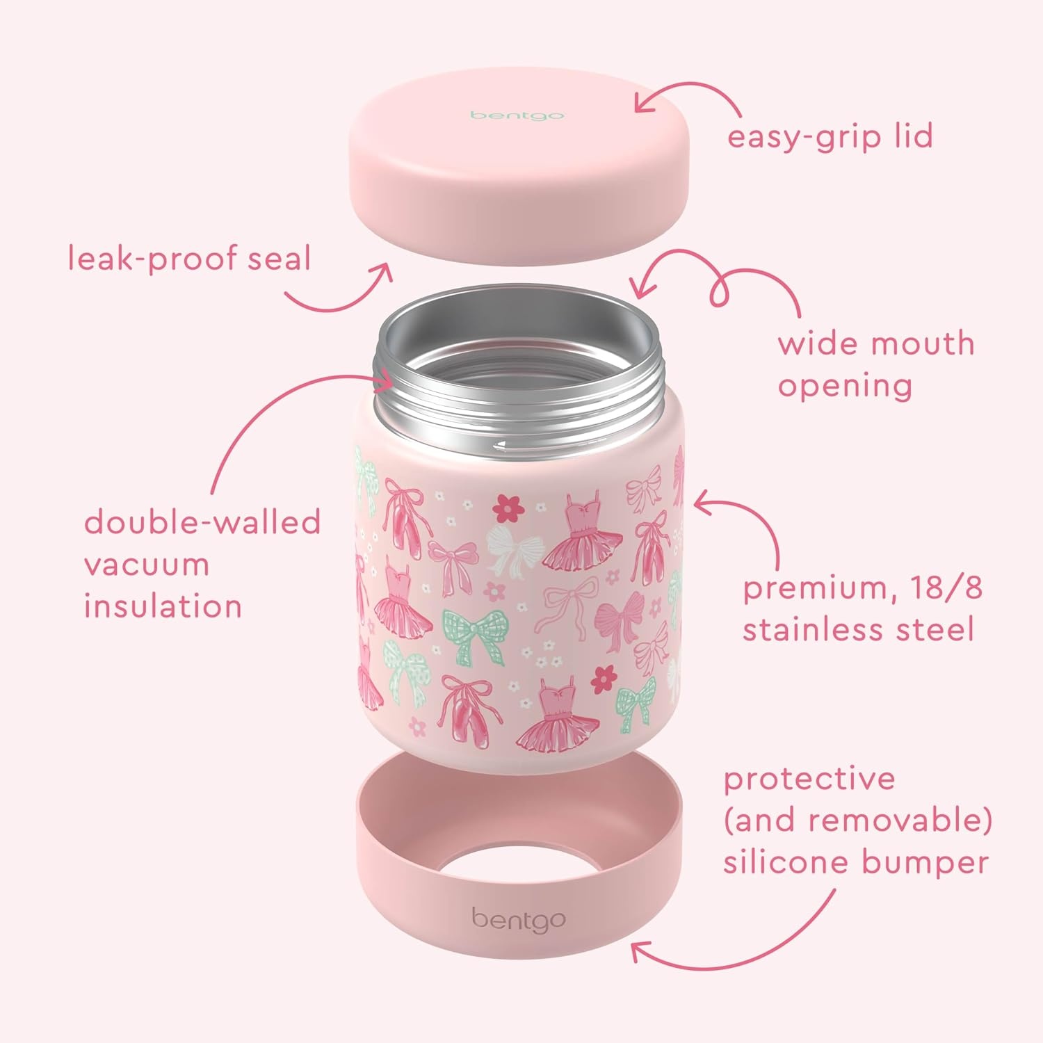 image:imageBentgo Kids Stainless Steel Food Jar 11 fl oz LeakProof Double Insulated Hot or Cold Food Container with Removable Silicone Bumper Dishwasher Safe Easy Open Lid Ages 3 Cowgirl DreamsBallet and Bows