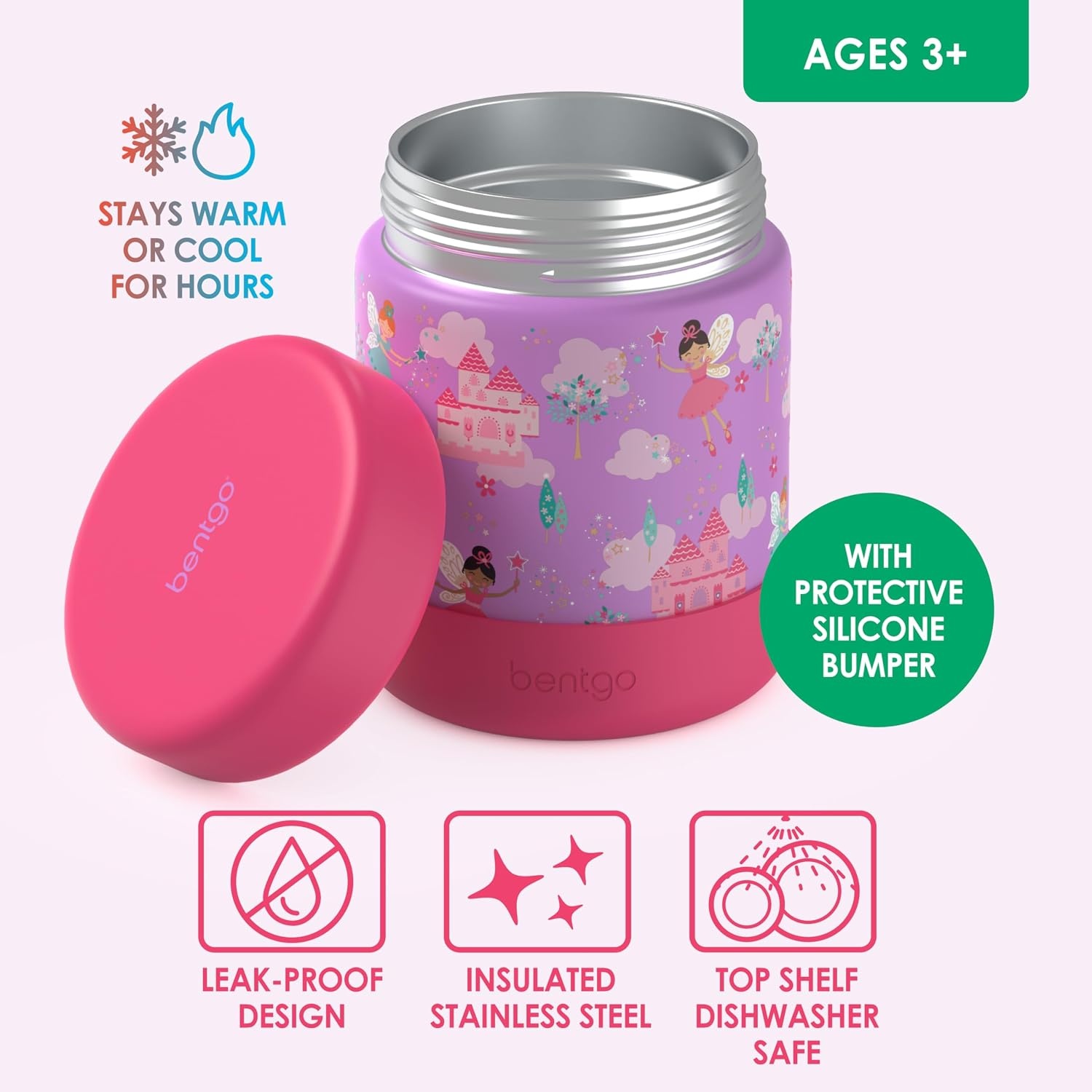 image:imageBentgo Kids Stainless Steel Food Jar 11 fl oz LeakProof Double Insulated Hot or Cold Food Container with Removable Silicone Bumper Dishwasher Safe Easy Open Lid Ages 3 Cowgirl DreamsFairies